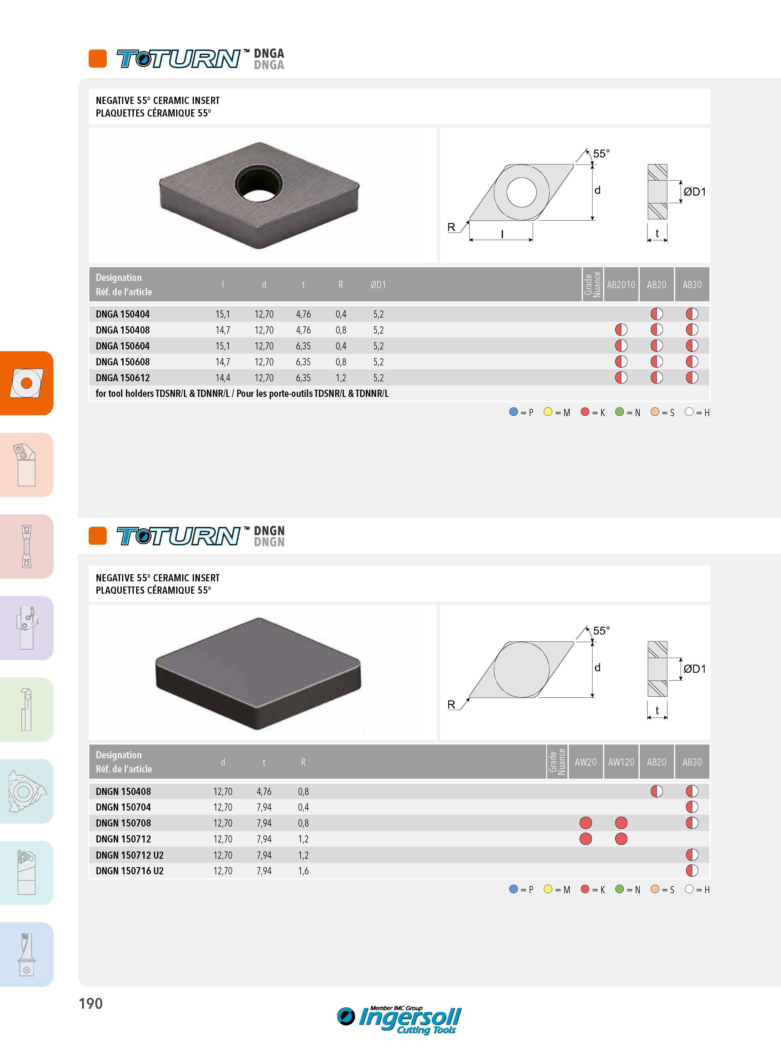 190 DNGA DNGA NEGATIVE 55° CERAMIC INSERT PLAQUETTES CÉRAMIQUE 55° for tool holders TDSNR/L & TDNNR/L / Pour les porte-outils TDSNR/L & TDNNR/L d 1 0D1 Desi Каталог INGERSOLL 2015 Металлорежущий токарный инструмент Резцы Державки Сменные режущие многогранные пластины для точения на станках Стр. 190 ENG FRA