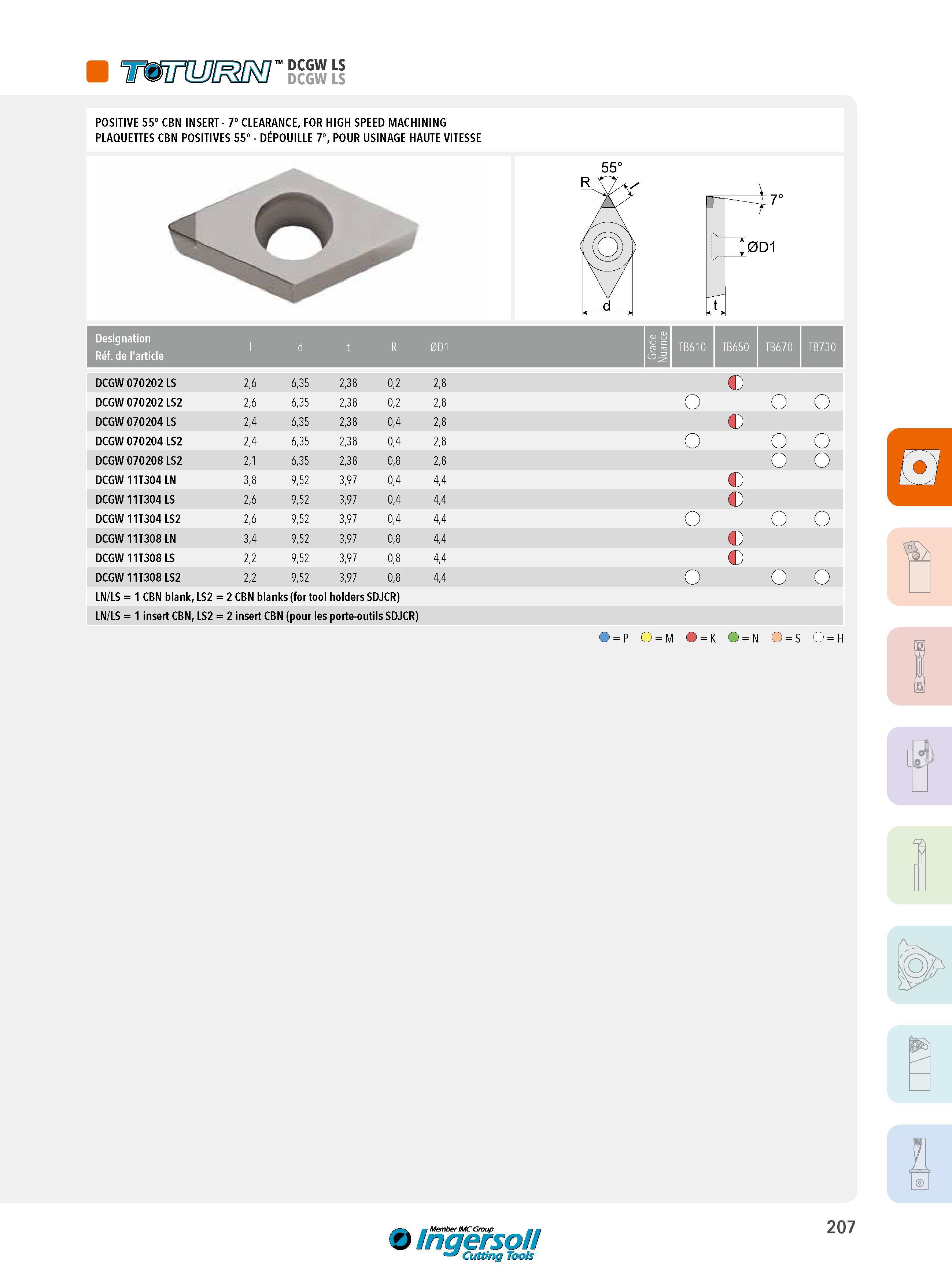 207 DCGW LS DCGW LS POSITIVE 55° CBN INSERT - 7° CLEARANCE, FOR HIGH SPEED MACHINING PLAQUETTES CBN POSITIVES 55° - DÉPOUILLE 7°, POUR USINAGE HAUTE VITESSE Каталог INGERSOLL 2015 Металлорежущий токарный инструмент Резцы Державки Сменные режущие многогранные пластины для точения на станках Стр. 207 ENG FRA