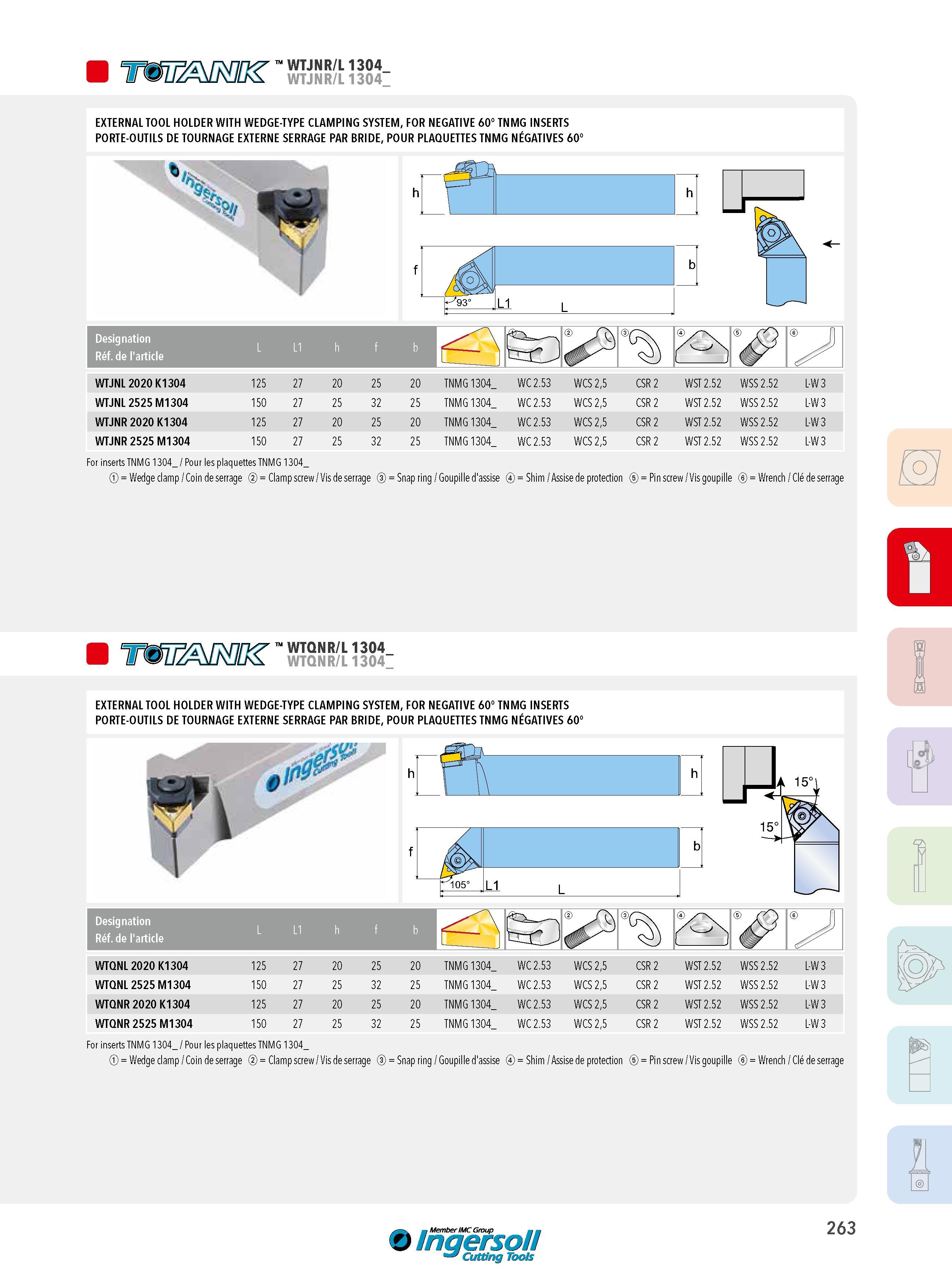 263 Tummnc' wtjnr/l usa- EXTERNAL TOOL HOLDER WITH WEDGE-TYPE CLAMPING SYSTEM, FOR NEGATIVE 60° TNMG INSERTS PORTE-OUTILS DE TOURNAGE EXTERNE SERRAGE PAR BR Каталог INGERSOLL 2015 Металлорежущий токарный инструмент Резцы Державки Сменные режущие многогранные пластины для точения на станках Стр. 263 ENG FRA