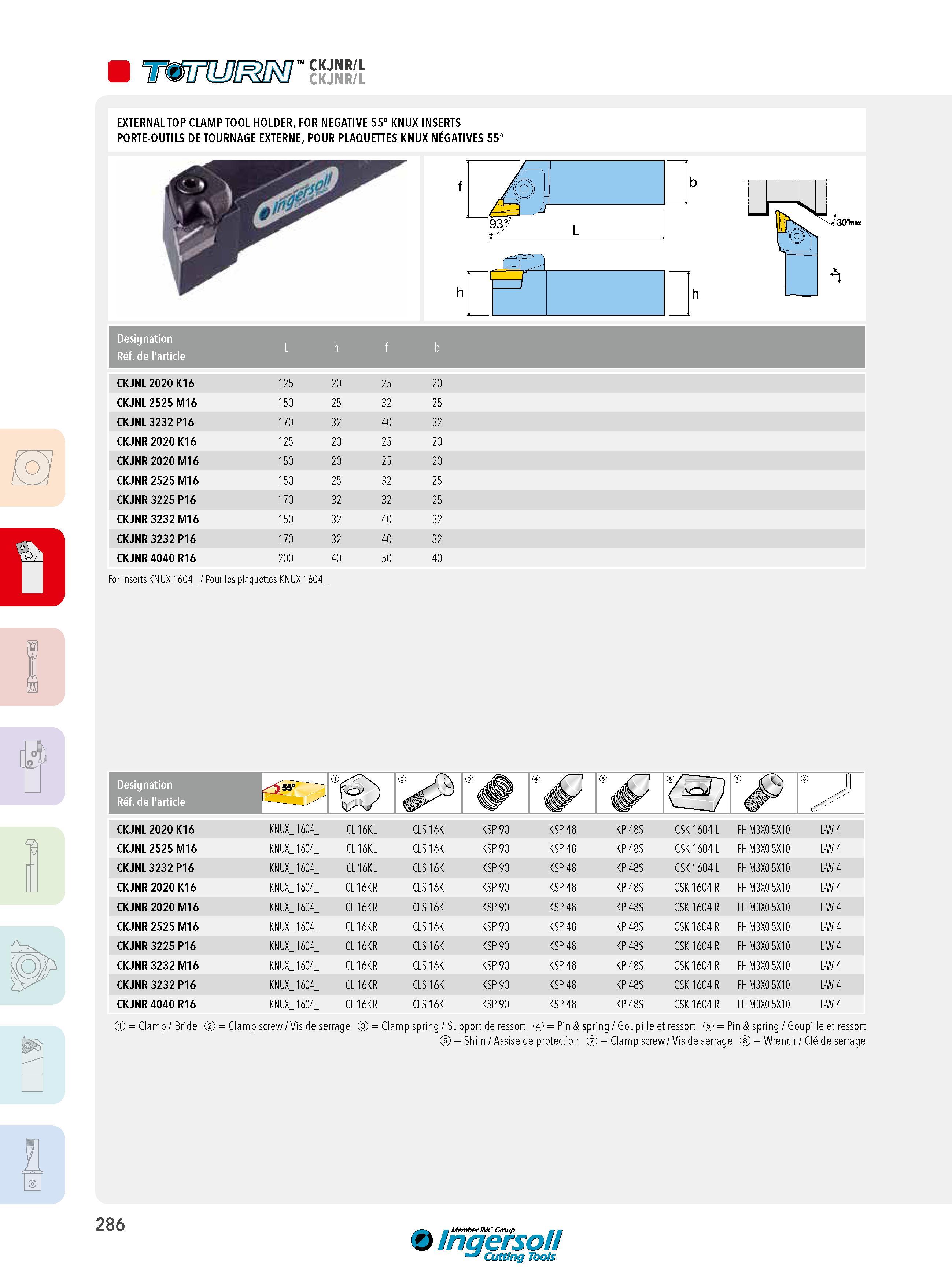 286 CKJNR/L CKJNR/L EXTERNAL TOP CLAMP TOOL HOLDER, FOR NEGATIVE 55° KNUX INSERTS PORTE-OUTILS DE TOURNAGE EXTERNE, POUR PLAQUETTES KNUX NÉGATIVES 55° D For Каталог INGERSOLL 2015 Металлорежущий токарный инструмент Резцы Державки Сменные режущие многогранные пластины для точения на станках Стр. 286 ENG FRA
