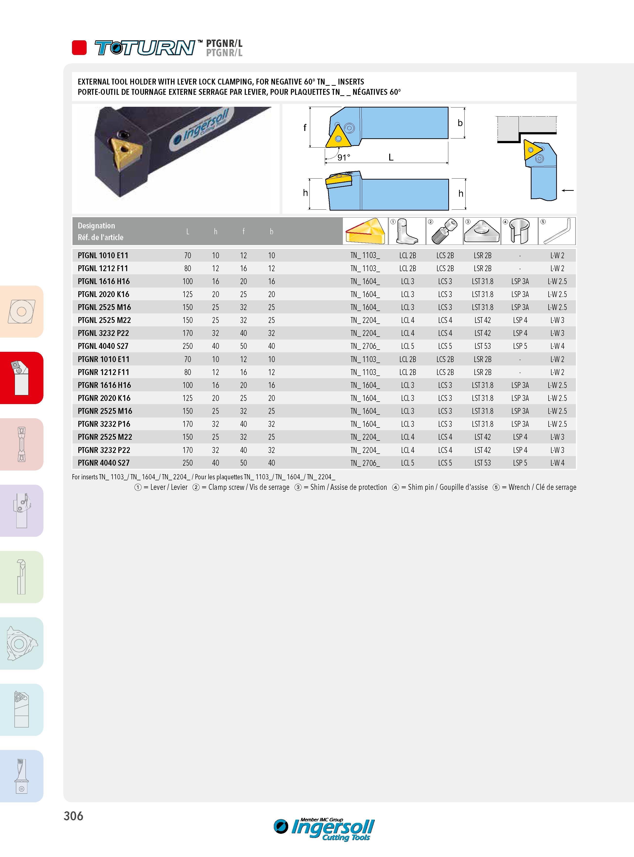 306 PTGNR/L PTGNR/L EXTERNAL TOOL HOLDER WITH LEVER LOCK CLAMPING, FOR NEGATIVE 60° TN _INSERTS PORTE-OUTIL DE TOURNAGE EXTERNE SERRAGE PAR LEVIER, POUR PLA Каталог INGERSOLL 2015 Металлорежущий токарный инструмент Резцы Державки Сменные режущие многогранные пластины для точения на станках Стр. 306 ENG FRA