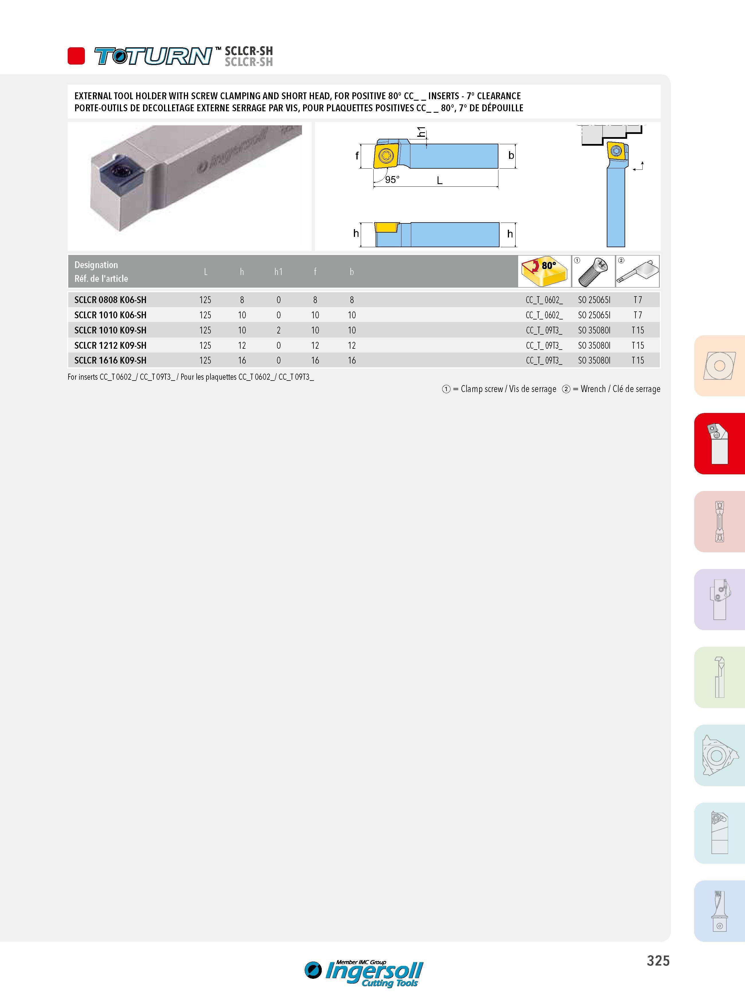 325 TttnUJOSRO’ SCLCR-SH EXTERNAL TOOL HOLDER WITH SCREW CLAMPING AND SHORT HEAD, FOR POSITIVE 80° CC_ INSERTS - 7° CLEARANCE PORTE-OUTILS DE DECOLLETAGE EX Каталог INGERSOLL 2015 Металлорежущий токарный инструмент Резцы Державки Сменные режущие многогранные пластины для точения на станках Стр. 325 ENG FRA