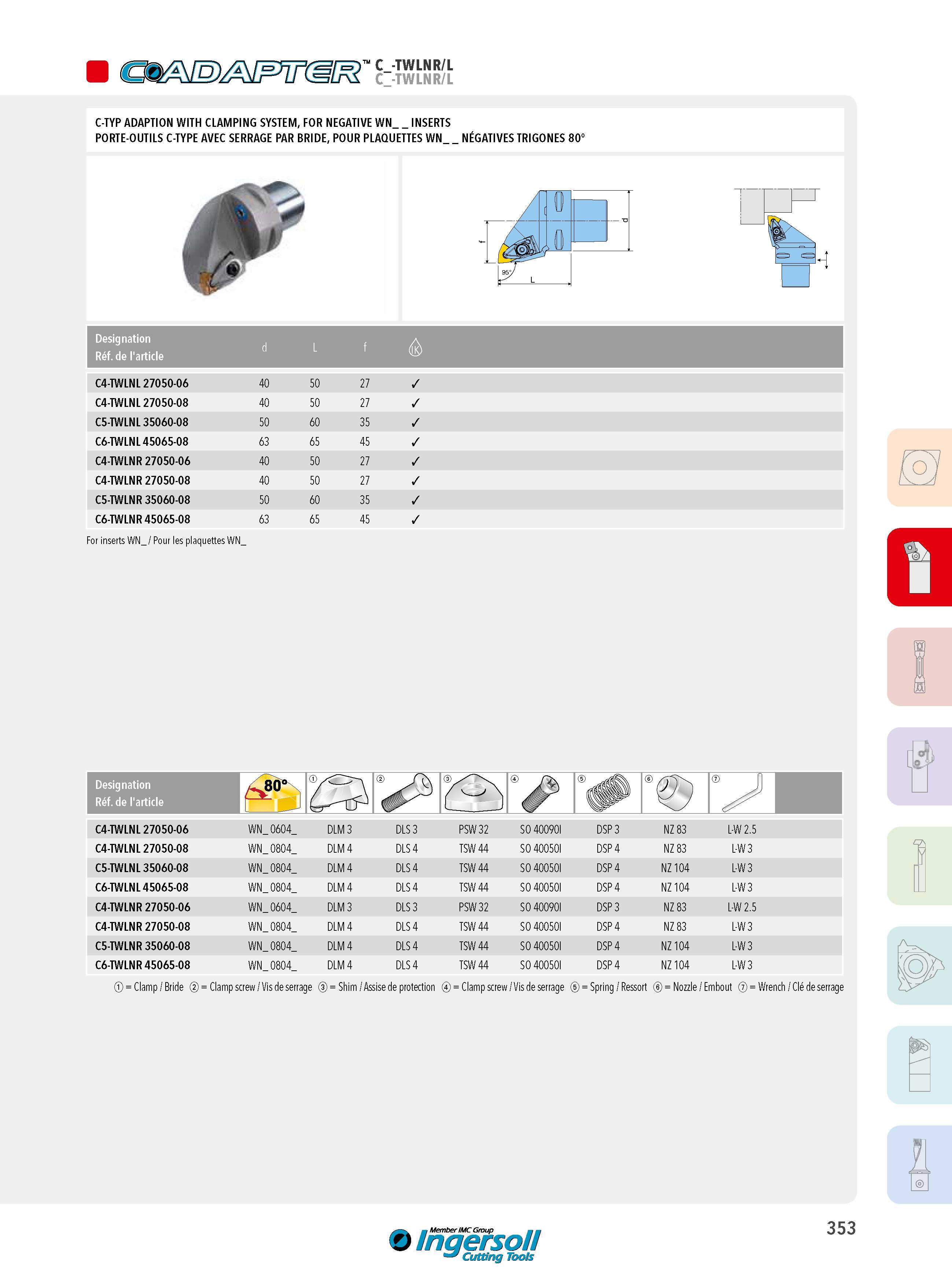 353 C_-' 3ÜA1 C -' C_-TWLNR/L TWLNR/L C-TYP ADAPTION WITH CLAMPING SYSTEM, FOR NEGATIVE WN_ INSERTS PORTE-OUTILS C-TYPE AVEC SERRAGE PAR BRIDE, POUR PLAQUET Каталог INGERSOLL 2015 Металлорежущий токарный инструмент Резцы Державки Сменные режущие многогранные пластины для точения на станках Стр. 353 ENG FRA