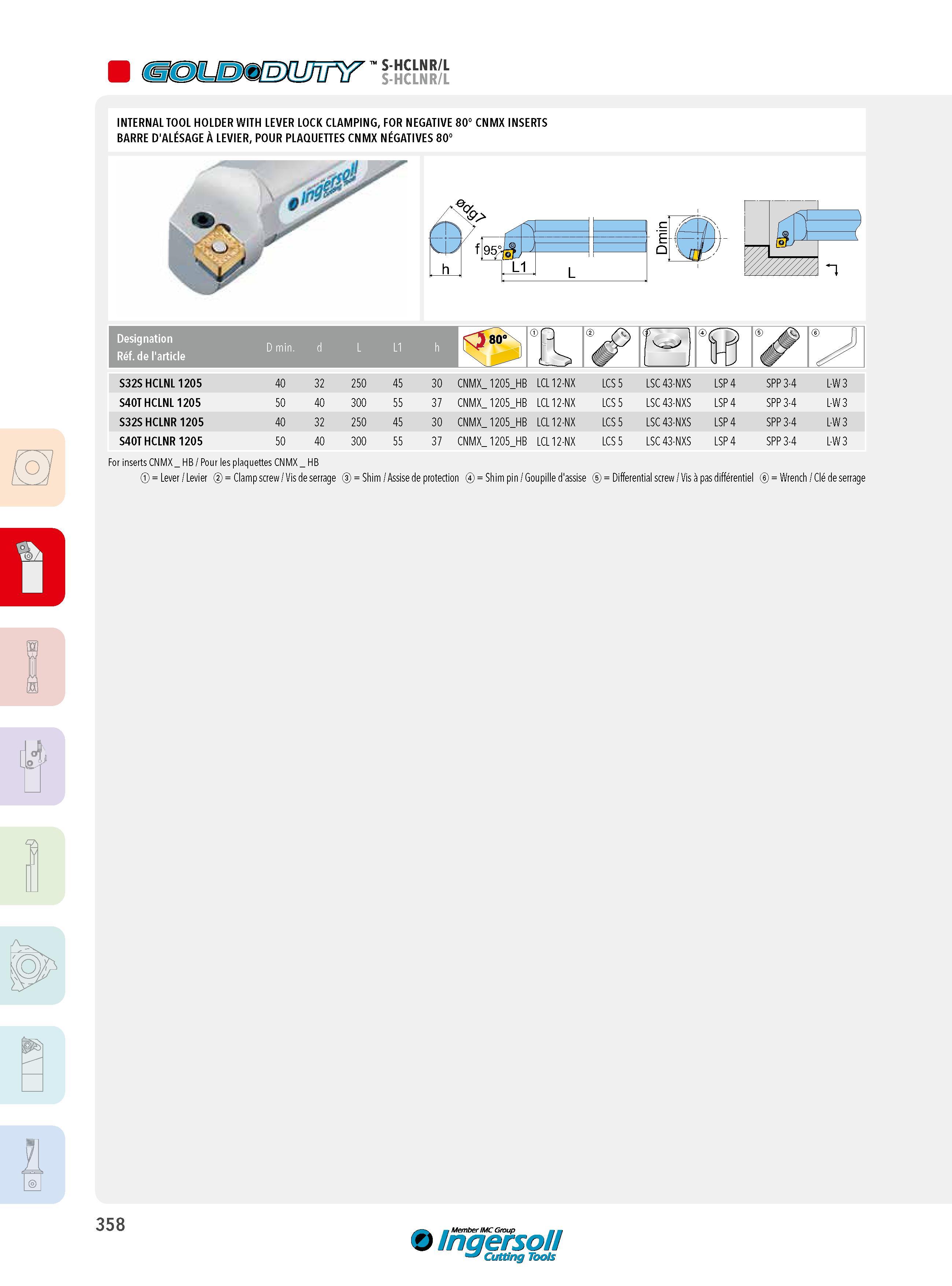 358 mMmmmr' s-hclnr/l INTERNAL TOOL HOLDER WITH LEVER LOCK CLAMPING, FOR NEGATIVE 80° CNMX INSERTS BARRE D'ALÉSAGE À LEVIER, POUR PLAQUETTES CNMX NÉGATIVES Каталог INGERSOLL 2015 Металлорежущий токарный инструмент Резцы Державки Сменные режущие многогранные пластины для точения на станках Стр. 358 ENG FRA