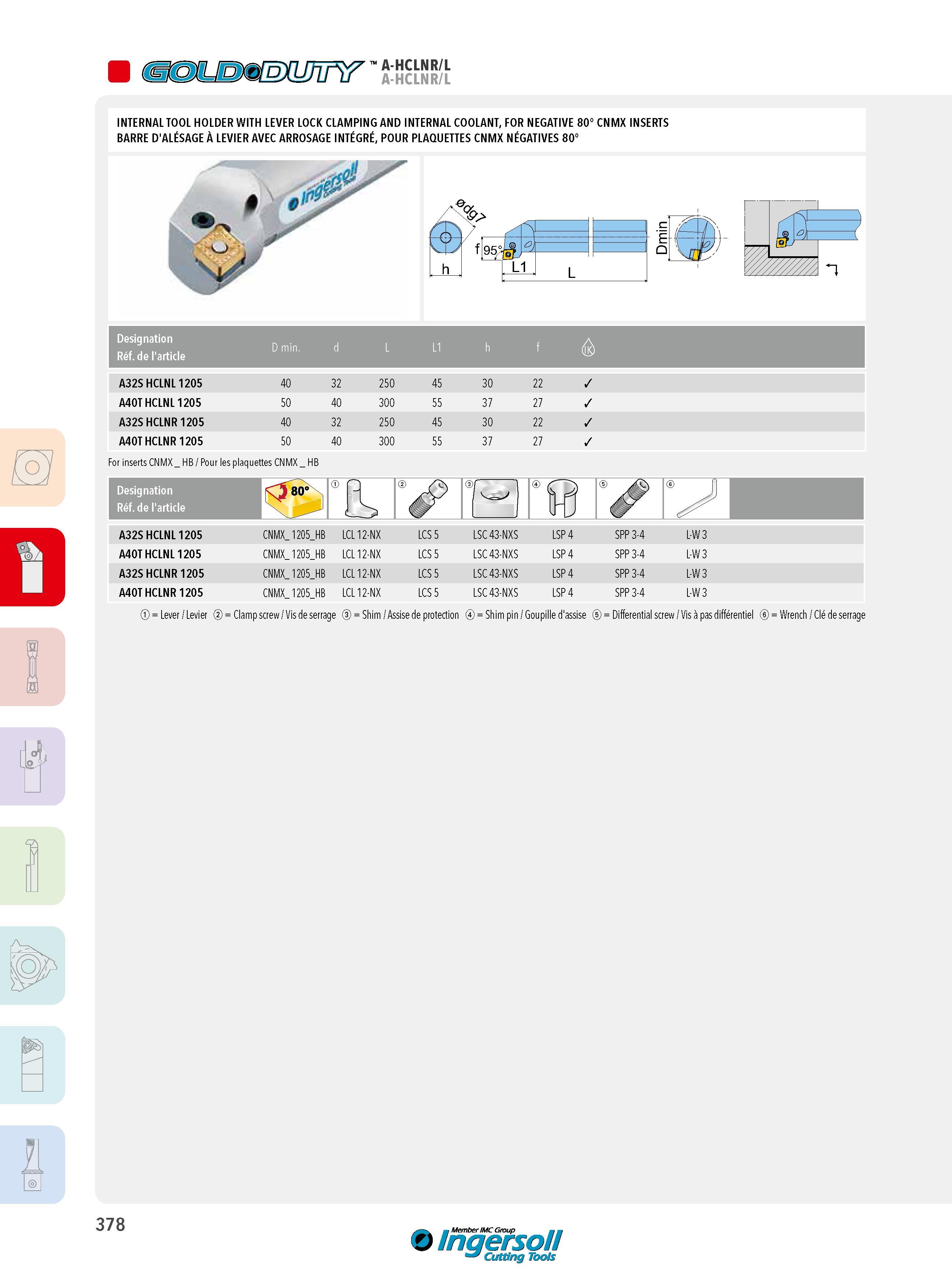 378 a hclnr/l INTERNAL TOOL HOLDER WITH LEVER LOCK CLAMPING AND INTERNAL COOLANT, FOR NEGATIVE 80° CNMX INSERTS BARRE D'ALÉSAGE À LEVIER AVEC ARROSAGE INTÉG Каталог INGERSOLL 2015 Металлорежущий токарный инструмент Резцы Державки Сменные режущие многогранные пластины для точения на станках Стр. 378 ENG FRA