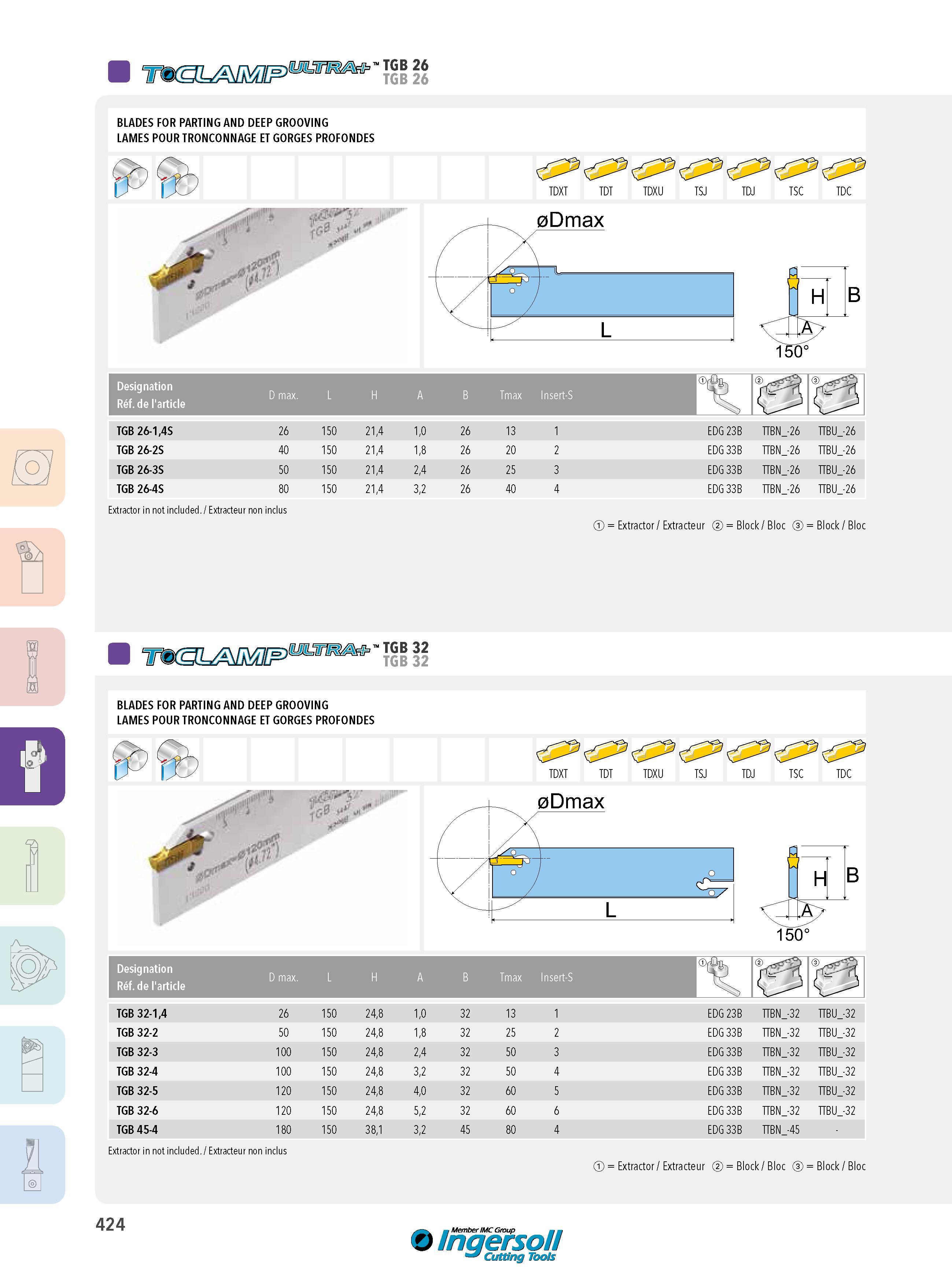 424 TGB 26 TGB 26 BLADES FOR PARTING AND DEEP GROOVING LAMES POUR TRONCONNAGE ET GORGES PROFONDES TDXT TDT TDXU TSJ TDJ TSC TDC 0Dmax L Designation Réf de l Каталог INGERSOLL 2015 Металлорежущий токарный инструмент Резцы Державки Сменные режущие многогранные пластины для точения на станках Стр. 424 ENG FRA