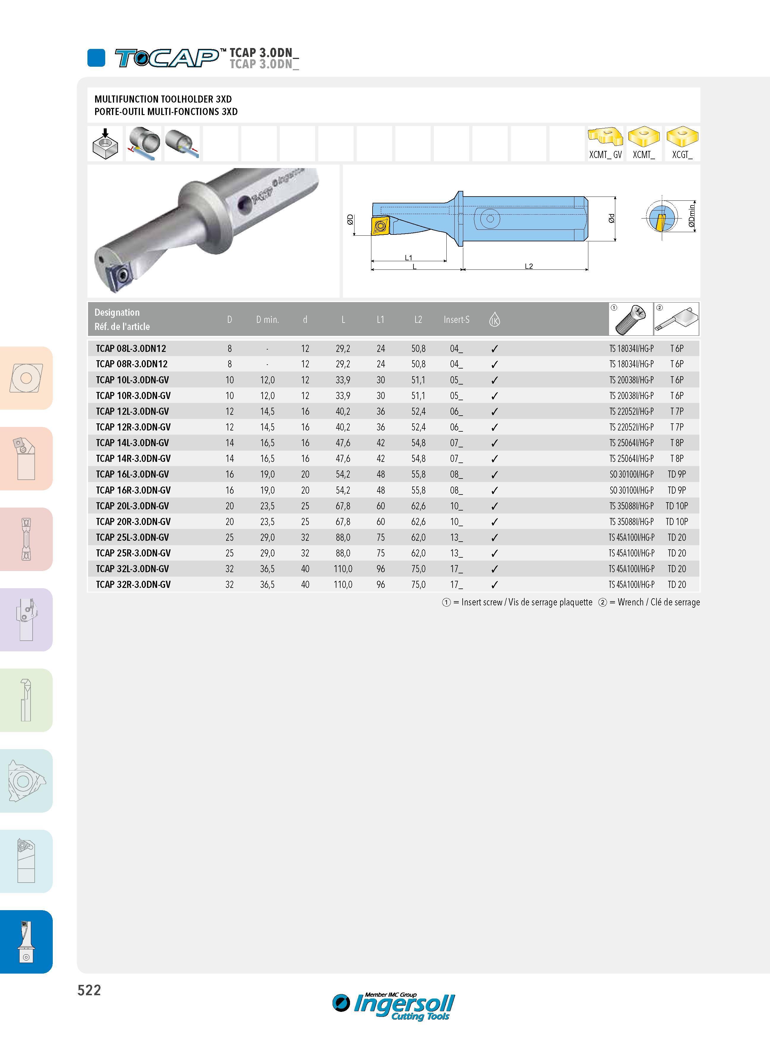 522 MULTIFUNCTION TOOLHOLDER TKS 3XD PORTE-OUTIL MULTI-FONCTIONS 3XD XCMT_ GV XCMT_ XCGT_ Designation D D min d L L1 L2 Insert-S A Réf de l'article ma TCAP Каталог INGERSOLL 2015 Металлорежущий токарный инструмент Резцы Державки Сменные режущие многогранные пластины для точения на станках Стр. 522 ENG FRA