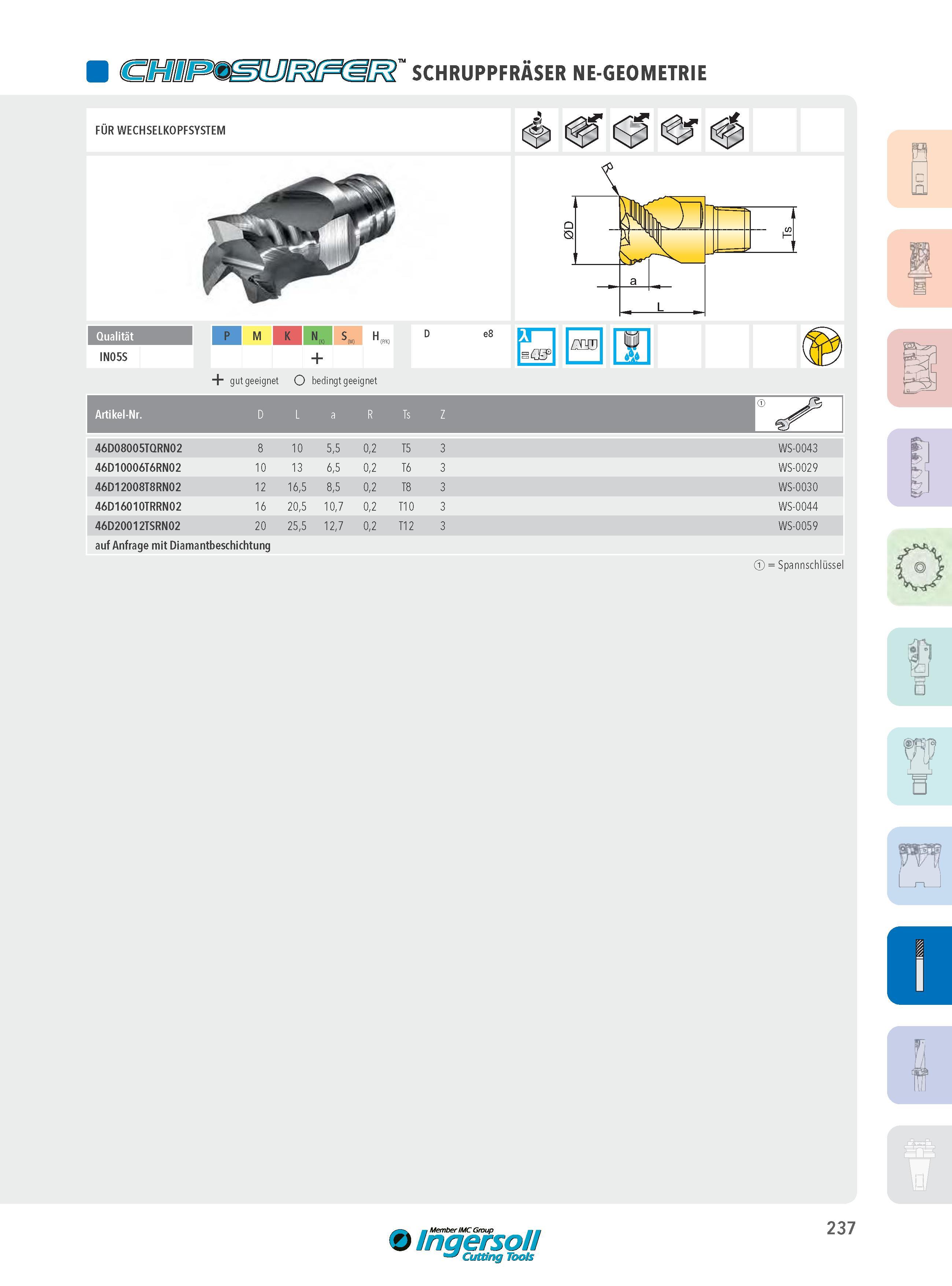237 SCHRUPPFRÄSER NE-GEOMETRIE FÜR WECHSELKOPFSYSTEM P M K N:k: S„ e8 IN05S gut geeignet O bedingt geeignet auf Anfrage mit Diamantbeschichtung Artikel-Nr D Каталог INGERSOLL 2016 Фрезерный и сверлильный металлорежущий инструмент Фрезы сборные и монолитные Сверла Оснастка инструментальная Стр. 237 DEU