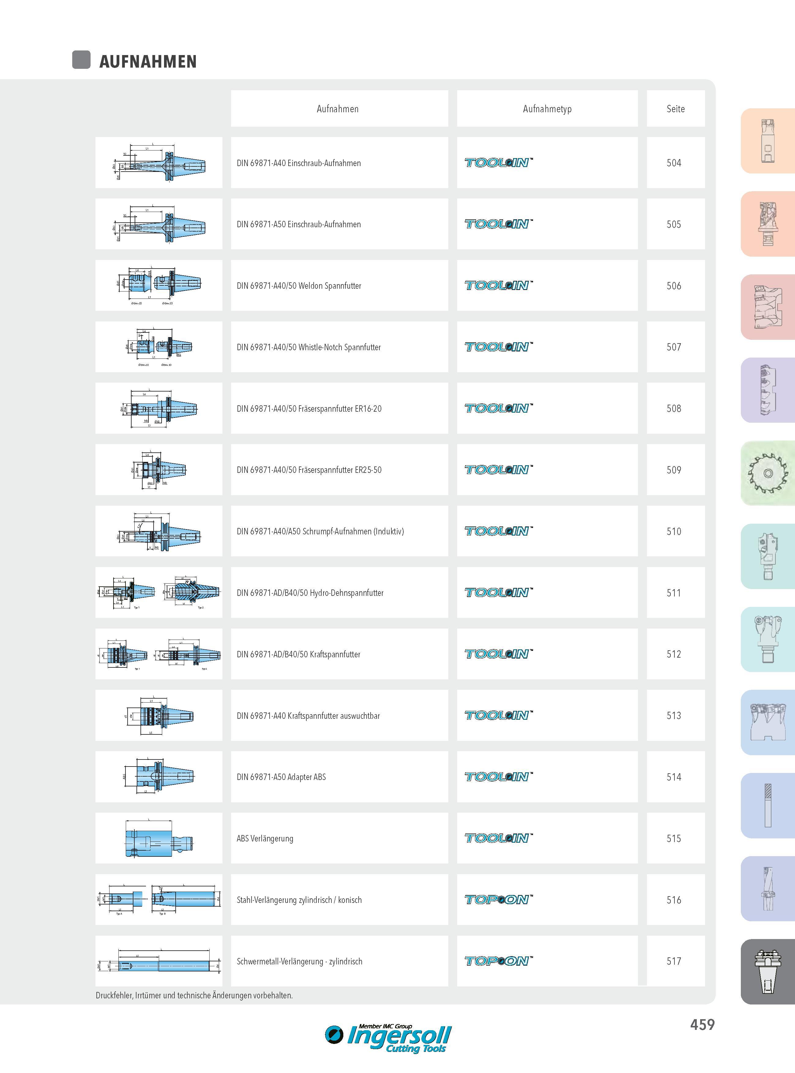 459 AUFNAHMEN Aufnahmen DIN 69871-A40 Einschraub-Aufnahmen Aufnahmetyp Seite 504 I1 DIN 69871-A50 Einschraub-Aufnahmen 505 DIN 69871-A40/50 Weldon Spannfutte Каталог INGERSOLL 2016 Фрезерный и сверлильный металлорежущий инструмент Фрезы сборные и монолитные Сверла Оснастка инструментальная Стр. 459 DEU