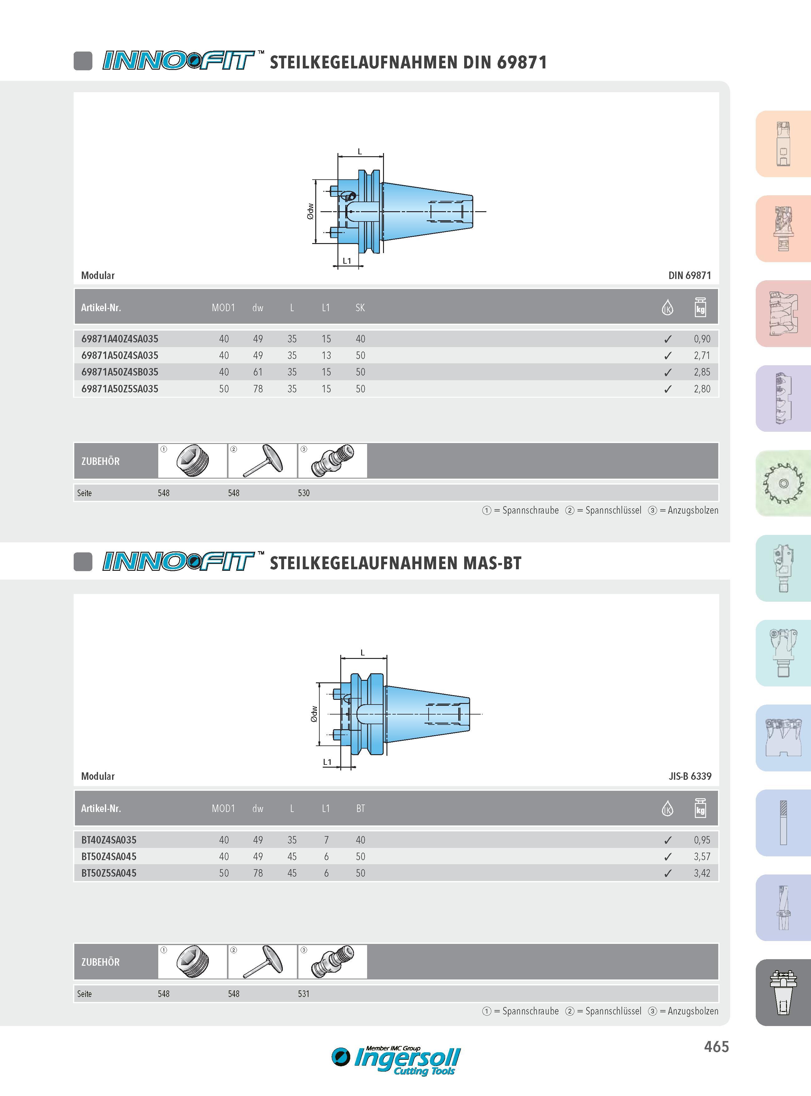 465 ODÜIMcD IW STEILKEGELAUFNAHMEN DIN 69871 Modular DIN 69871 Artikel-Nr MOD1 dw L L1 SK (K 0 69871A40Z4SA035 40 49 35 15 40 0,90 69871A50Z4SA035 40 49 35 1 Каталог INGERSOLL 2016 Фрезерный и сверлильный металлорежущий инструмент Фрезы сборные и монолитные Сверла Оснастка инструментальная Стр. 465 DEU