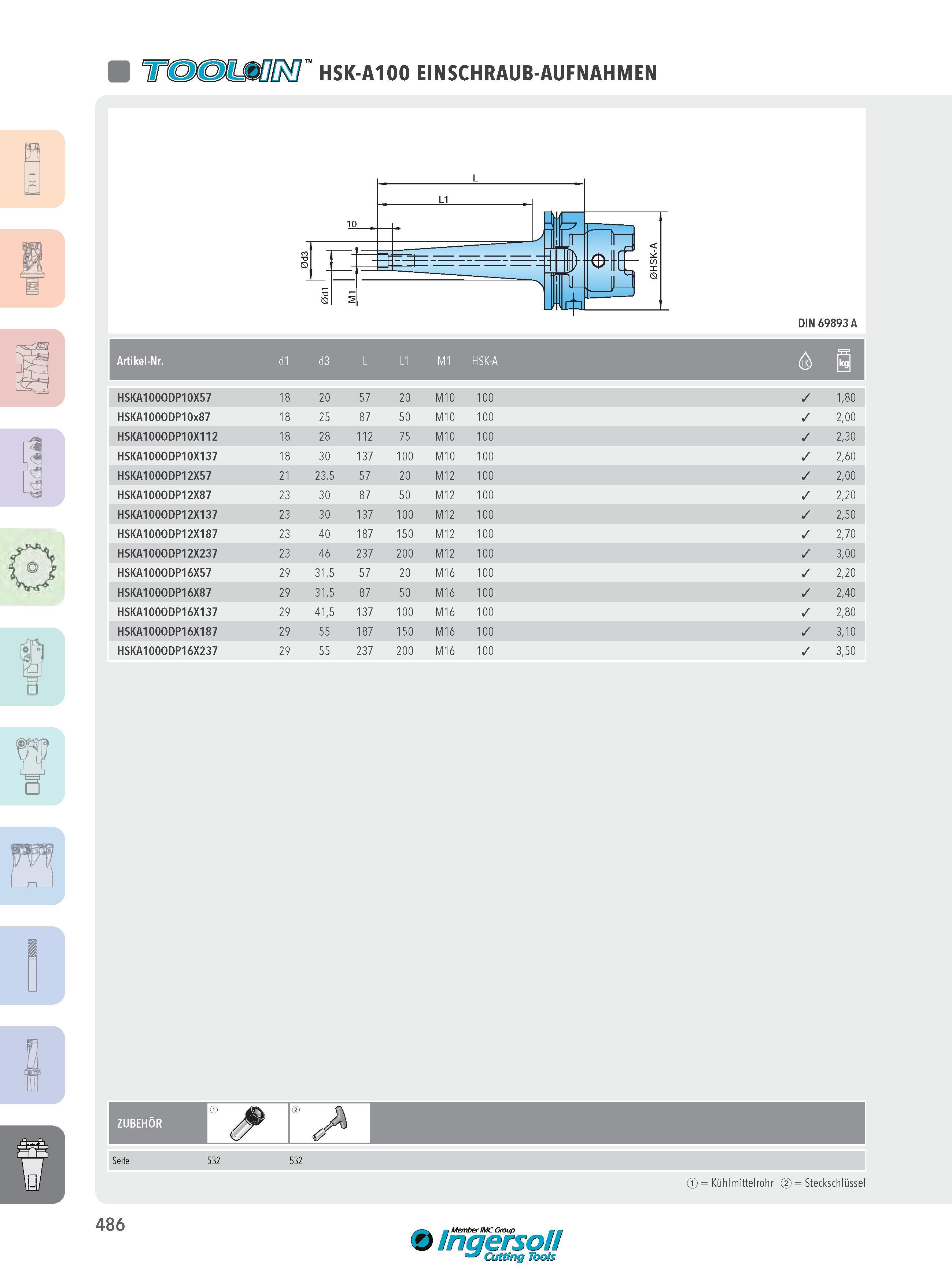 486 HSK-A100 EINSCHRAUB-AUFNAHMEN DIN 69893A Artikel-Nr d1 d3 L L1 M1 HSK-A dK 1 HSKA100ODP10X57 18 20 57 20 M10 100 1,80 HSKA100ODP10x87 18 25 87 50 M10 100 Каталог INGERSOLL 2016 Фрезерный и сверлильный металлорежущий инструмент Фрезы сборные и монолитные Сверла Оснастка инструментальная Стр. 486 DEU
