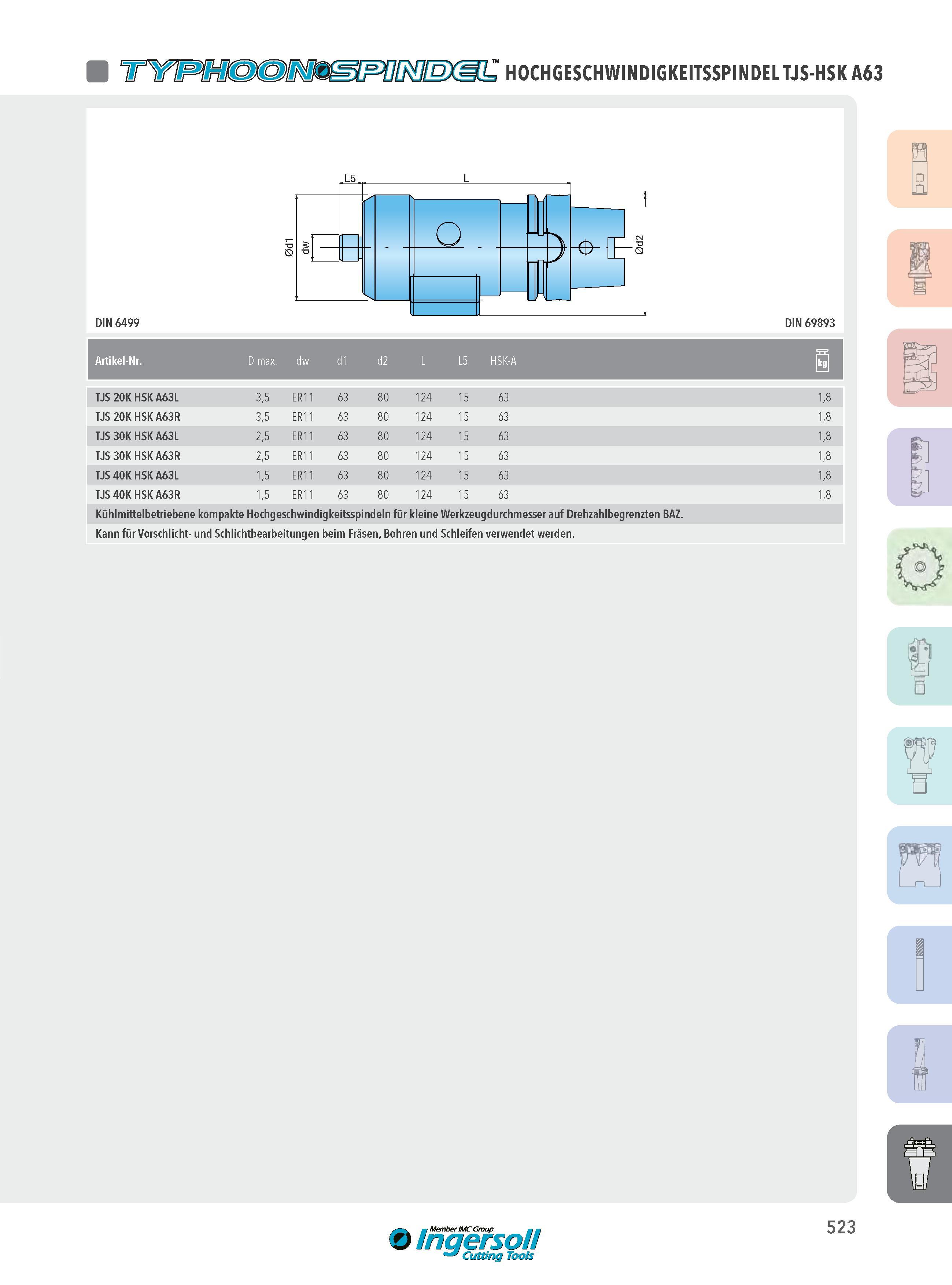 523 HOCHGESCHWINDIGKEITSSPINDEL TJS-HSK A63 DIN 6499 L5 o DIN 69893 Artikel-Nr D max dw d1 d2 L L5 HSK-A 0 TJS 20K HSK A63L 3,5 ER11 63 80 4 2 15 63 1,8 TJS Каталог INGERSOLL 2016 Фрезерный и сверлильный металлорежущий инструмент Фрезы сборные и монолитные Сверла Оснастка инструментальная Стр. 523 DEU