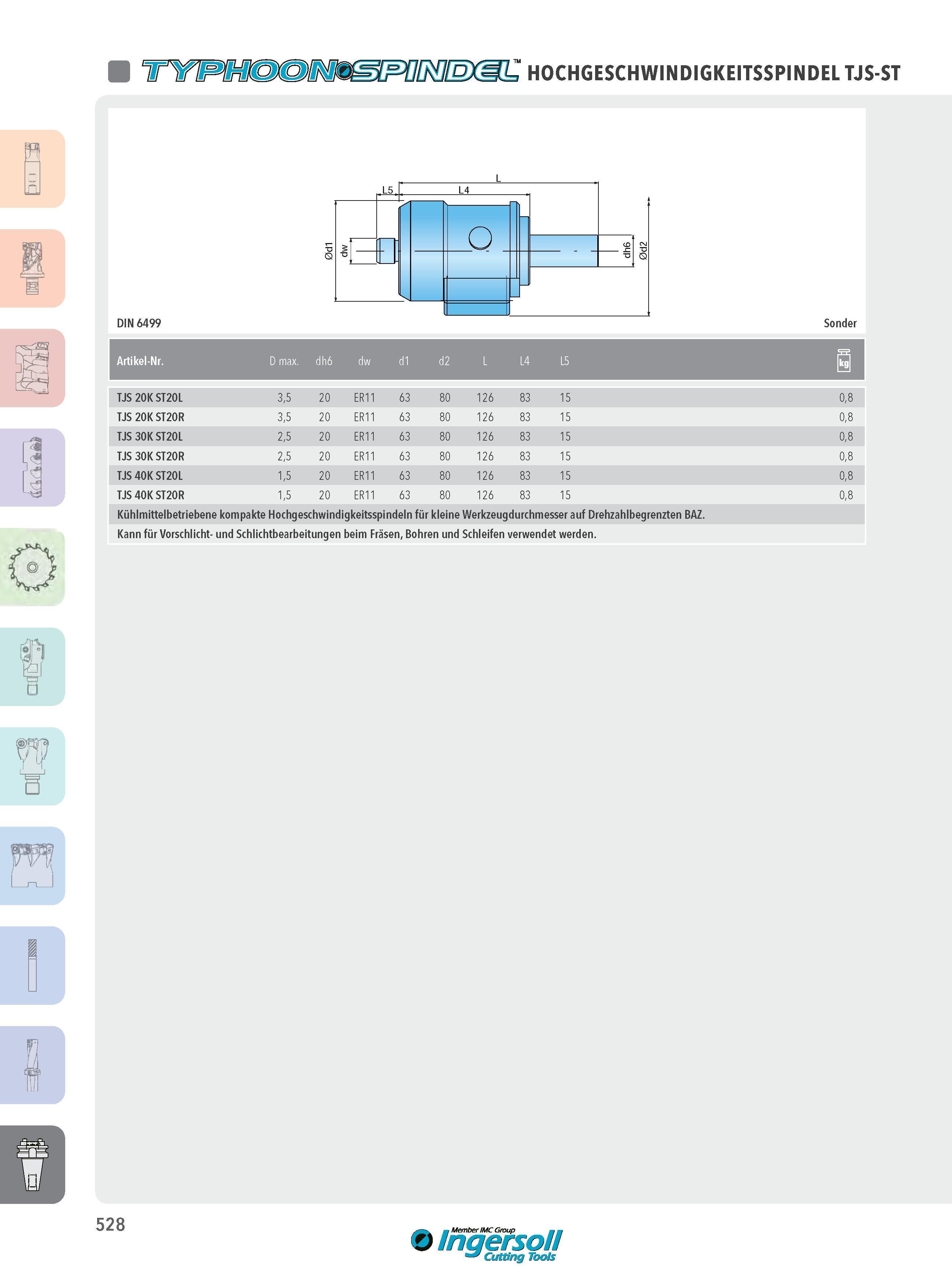 528 HOCHGESCHWINDIGKEITSSPINDEL TJS-ST DIN 6499 Sonder Artikel-Nr D max dh6 dw d1 d2 L L4 L5 TJS 20K ST20L 3,5 20 ER11 63 80 126 83 15 0,8 TJS 20K ST20R 3,5 Каталог INGERSOLL 2016 Фрезерный и сверлильный металлорежущий инструмент Фрезы сборные и монолитные Сверла Оснастка инструментальная Стр. 528 DEU