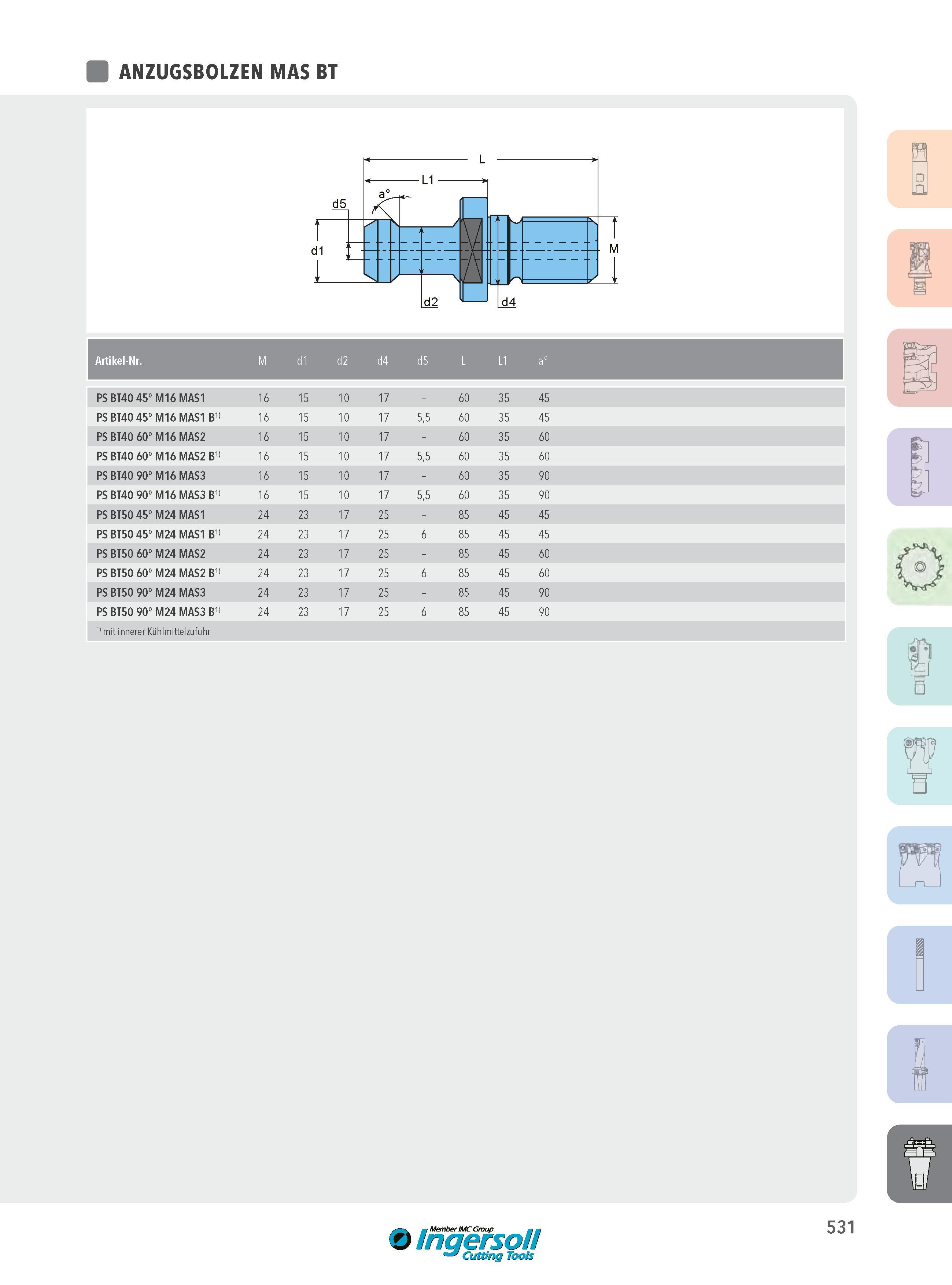 531 ANZUGSBOLZEN MAS BT Artikel-Nr M d1 2 d 4 d 5 d L L1 a° PS BT40 45° M16 MAS1 16 15 10 17 - 60 35 45 PS BT40 45° M16 MAS1 B1) 16 15 10 17 5,5 60 35 45 PS Каталог INGERSOLL 2016 Фрезерный и сверлильный металлорежущий инструмент Фрезы сборные и монолитные Сверла Оснастка инструментальная Стр. 531 DEU