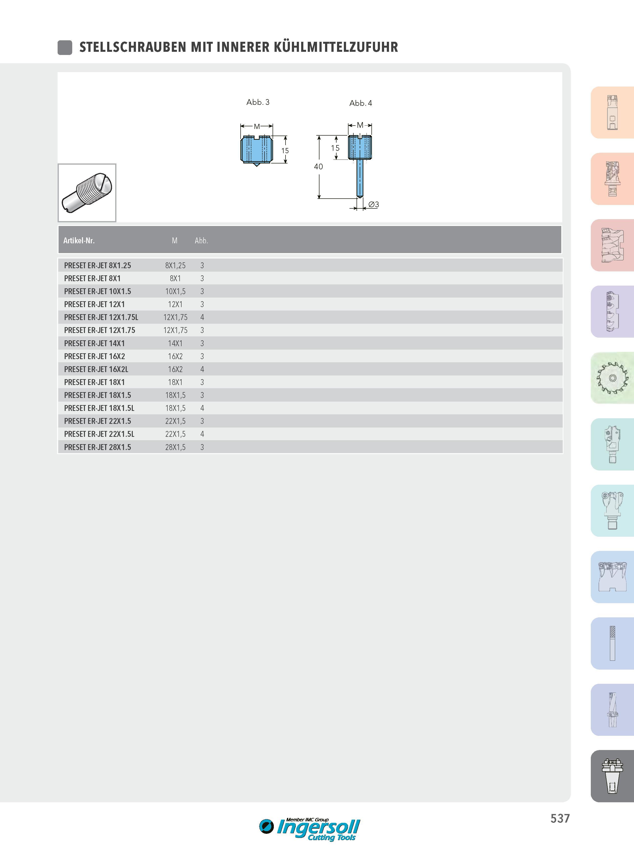 537 STELLSCHRAUBEN MIT INNERER KÜHLMITTELZUFUHR Abb 3 Abb 4 15 _1 t 15 M ntntntn 40 03 PRESET ER-JET 8X1 25 8X1,25 3 PRESET ER-JET 8X1 8X1 3 PRESET ER-JET 10 Каталог INGERSOLL 2016 Фрезерный и сверлильный металлорежущий инструмент Фрезы сборные и монолитные Сверла Оснастка инструментальная Стр. 537 DEU