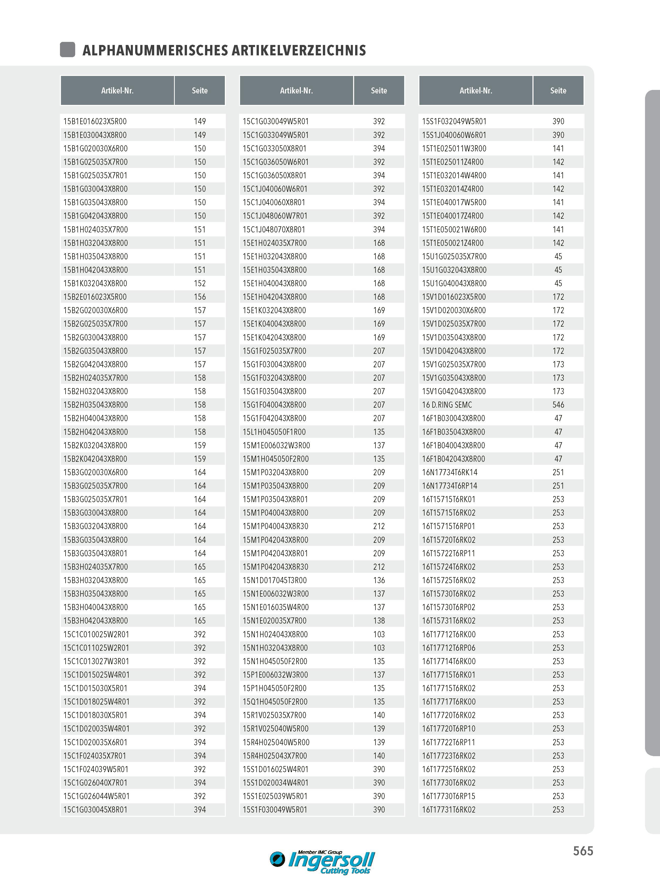 565 ALPHANUMMERISCHES ARTIKELVERZEICHNIS Artikel-Nr Seite Artikel-Nr Seite Artikel-Nr Seite 15B1E016023X5R00 149 15C1G030049W5R01 392 15S1F032049W5R01 390 15 Каталог INGERSOLL 2016 Фрезерный и сверлильный металлорежущий инструмент Фрезы сборные и монолитные Сверла Оснастка инструментальная Стр. 565 DEU