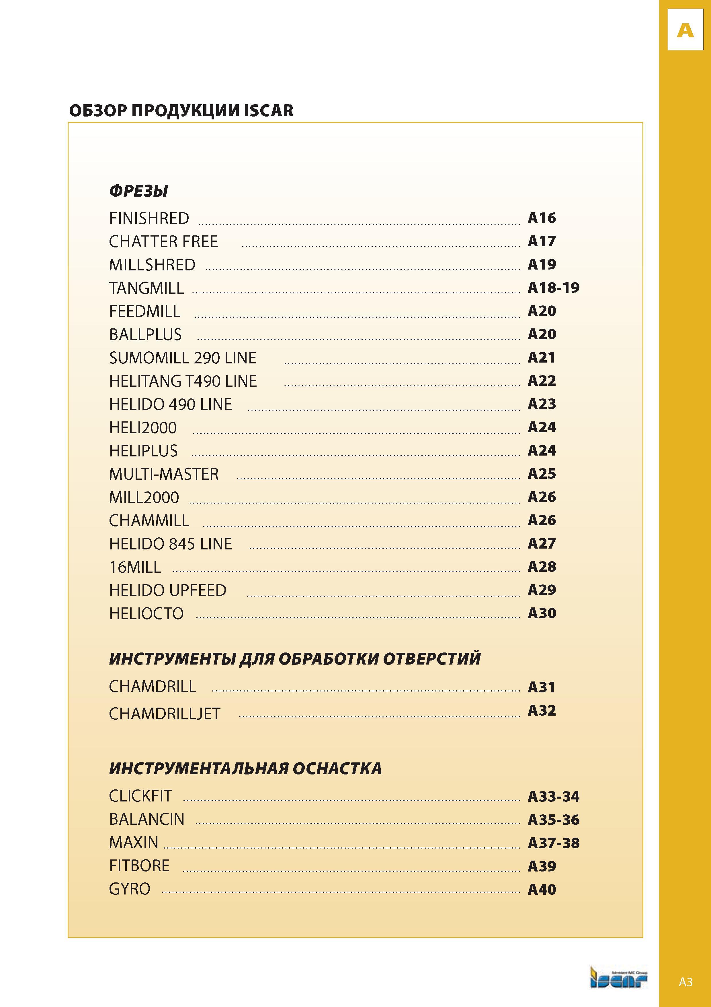 4 ОБЗОР ПРОДУКЦИИ ISCAR ФРЕЗЫ FINISHRED A16 CHATTER FREE A17 MILLSHRED A19 TANGMILL A18-19 FEEDMILL A20 BALLPLUS A20 SUMOMILL 290 LINE A21 HELITANG T490 LINE Каталог ISCAR 2008 Металлорежущий вращающийся инструмент для фрезерования сверления растачивания и инструментальная станочная оснастка Стр. A3