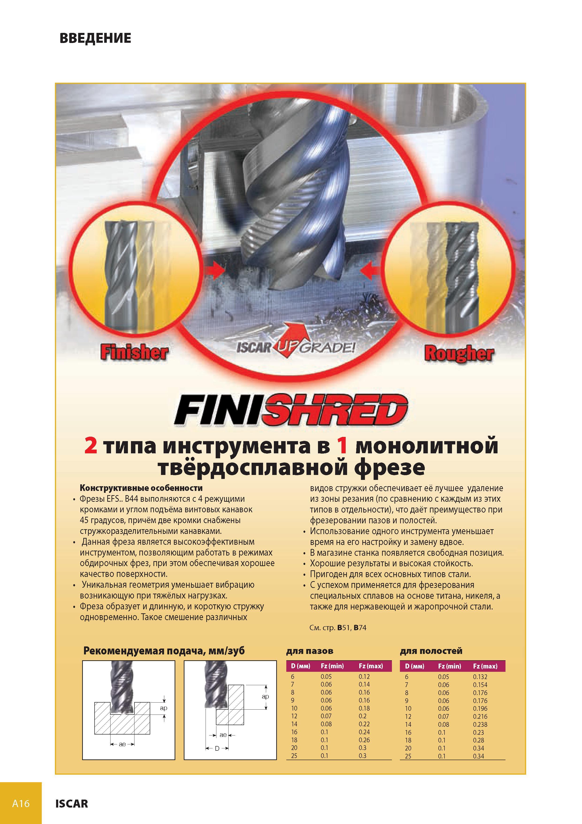 17 Конструктивные особенности твердосплавных монолитных концевых фрез Iscar EFS B44 Данный фрезерный инструмент выполняется с 4 режущими кромками Каталог ISCAR 2008 Металлорежущий вращающийся инструмент для фрезерования сверления растачивания и инструментальная станочная оснастка Стр. A16