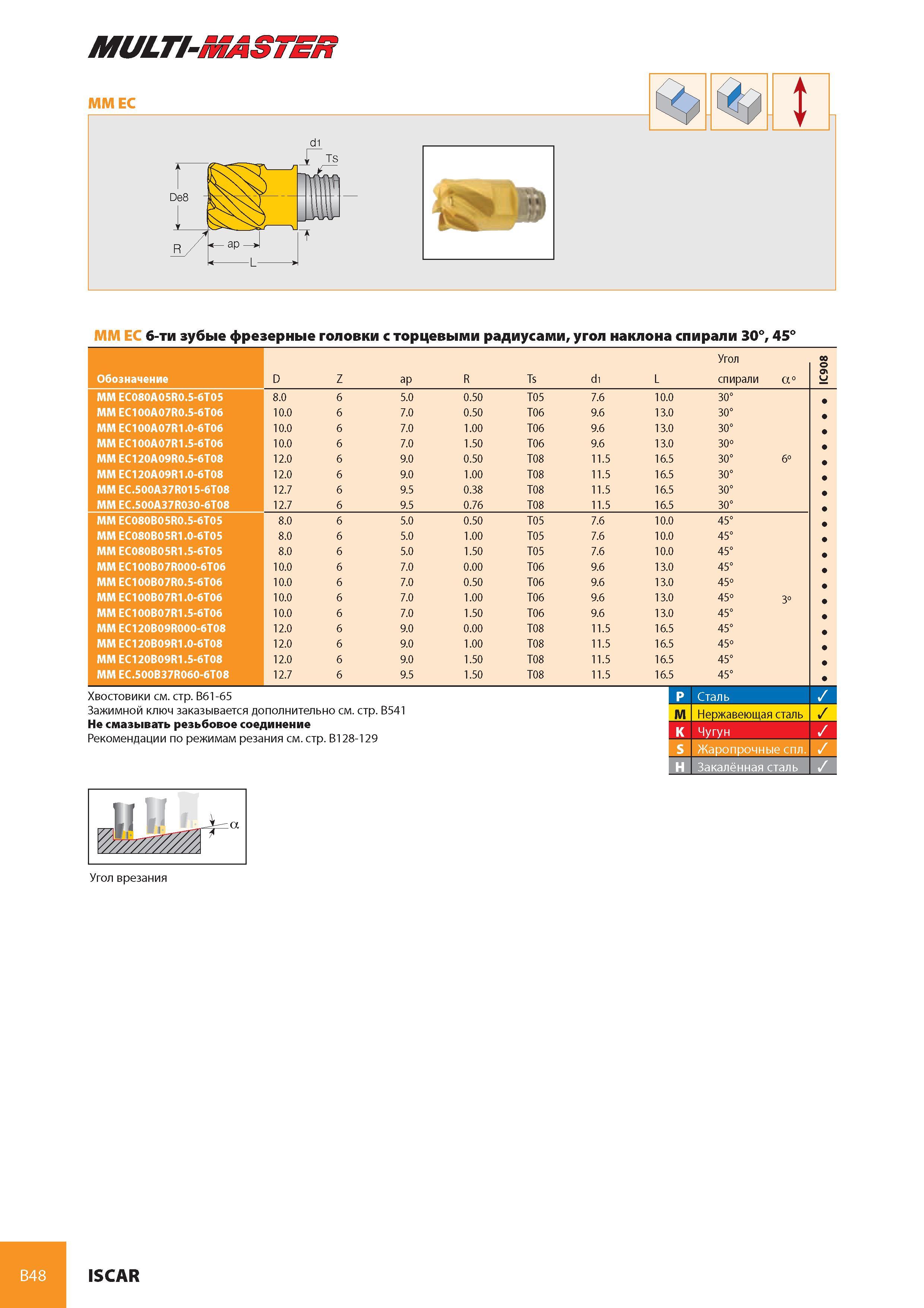 89 B48 MULTI-MASTER ММ EC 'b t 1 De8 -1 r/ d ap L 1 ts й- ММ EC 6-ти зубые фрезерные головки с торцевыми радиусами, угол наклона спирали 30°, 45° Угол 00 1 ° Каталог ISCAR 2008 Металлорежущий вращающийся инструмент для фрезерования сверления растачивания и инструментальная станочная оснастка Стр. B48