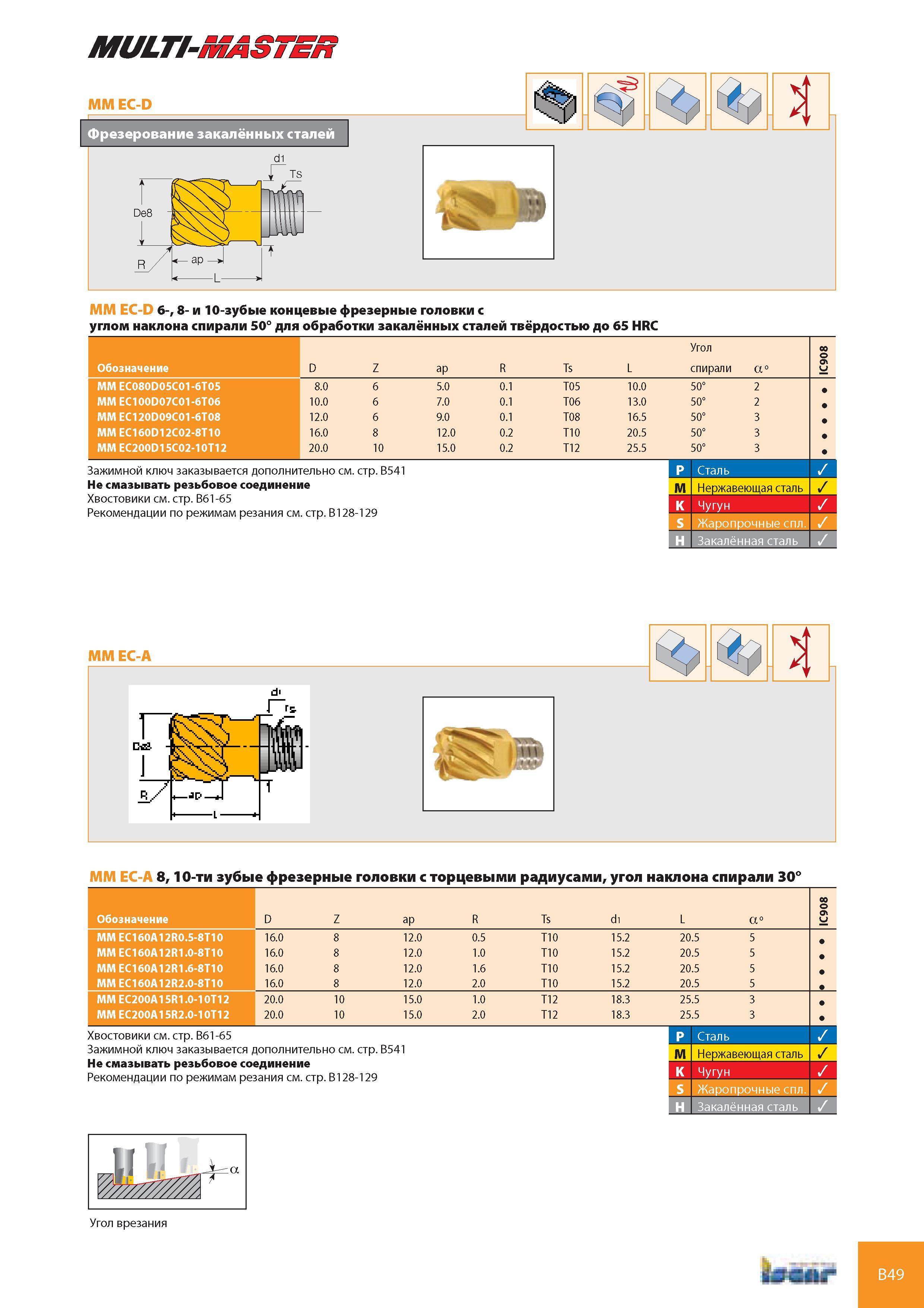90 MULTI-MASTER ММ EC-D Фрезерование закалённых сталей Ф1 Ф1 % L- ММ EC-D 6-, 8- и 10-зубые концевые фрезерные головки с углом наклона спирали 50° для обработ Каталог ISCAR 2008 Металлорежущий вращающийся инструмент для фрезерования сверления растачивания и инструментальная станочная оснастка Стр. B49