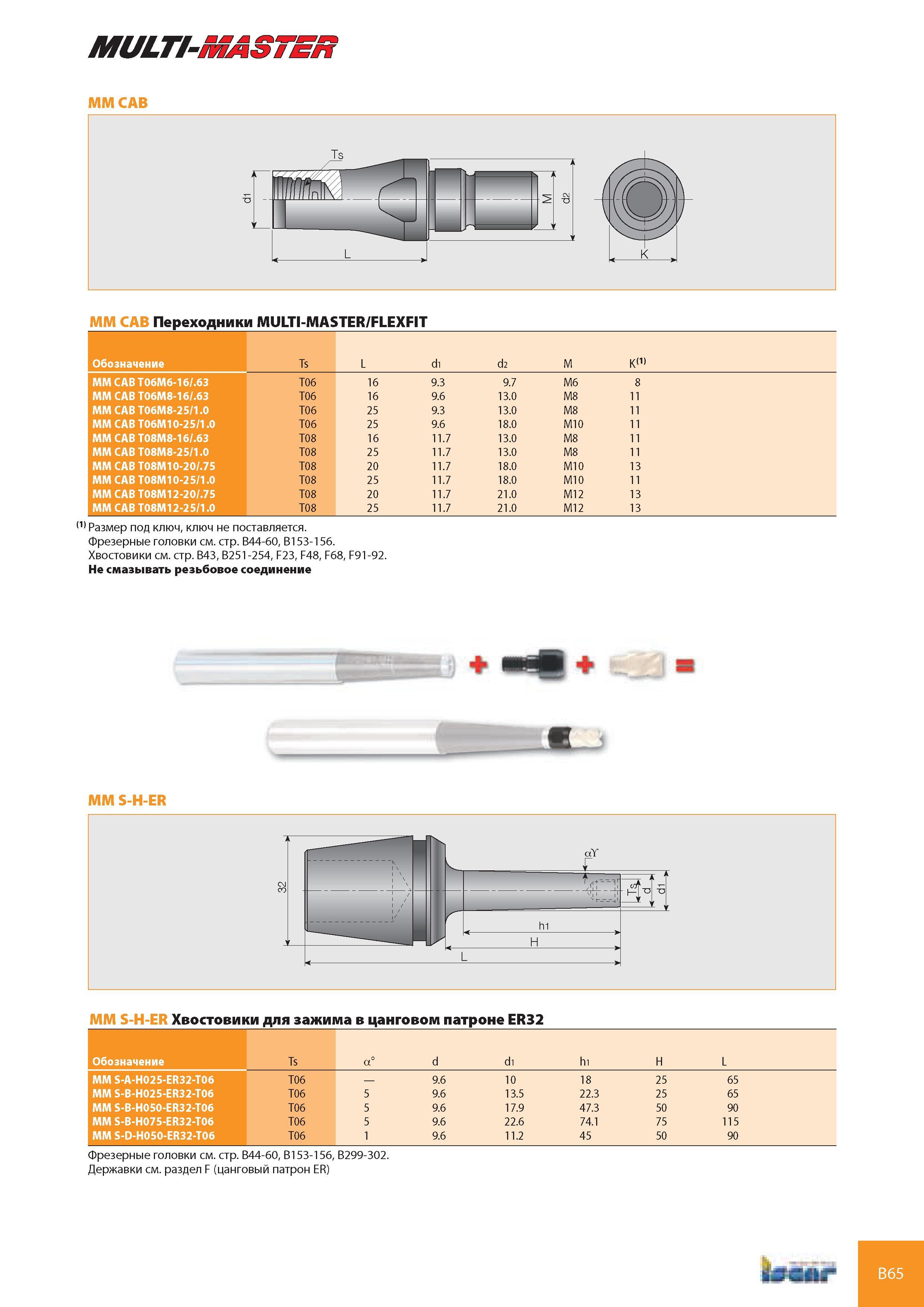 106 MULTI-MASTER ММ CAB ММ CAB Переходники MULTI-MASTER/FLEXFIT Обозначение Ts L d1 d2 M K(1) ММ CAB T06M6-16/ 63 T06 16 9 3 9 7 M6 8 ММ CAB T06M8-16/ 63 T06 1 Каталог ISCAR 2008 Металлорежущий вращающийся инструмент для фрезерования сверления растачивания и инструментальная станочная оснастка Стр. B65