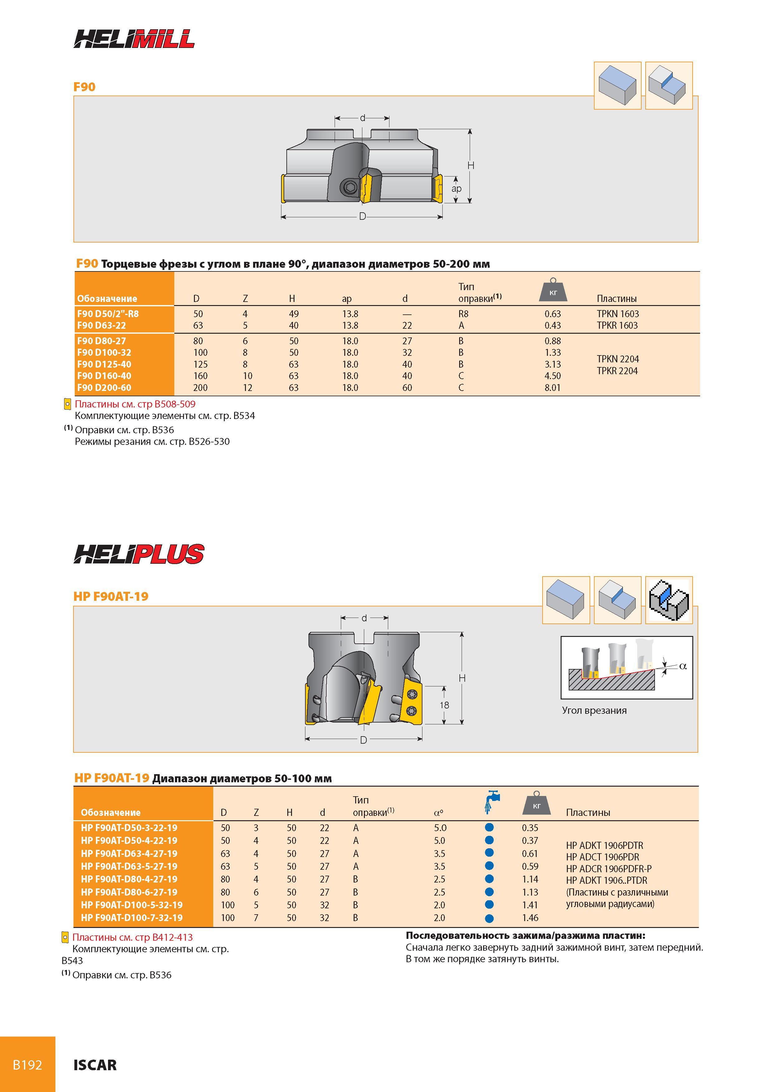 233 HELIMILL F90 D50/2 -R8 F90 D63-22 F90 D80-27 F90 D100-32 F90 D125-40 F90 D160-40 F90 D200-60 D Z H ap d Тип оправки111 1 Пластины 50 4 49 13 8 R8 0 63 TPKN Каталог ISCAR 2008 Металлорежущий вращающийся инструмент для фрезерования сверления растачивания и инструментальная станочная оснастка Стр. B192