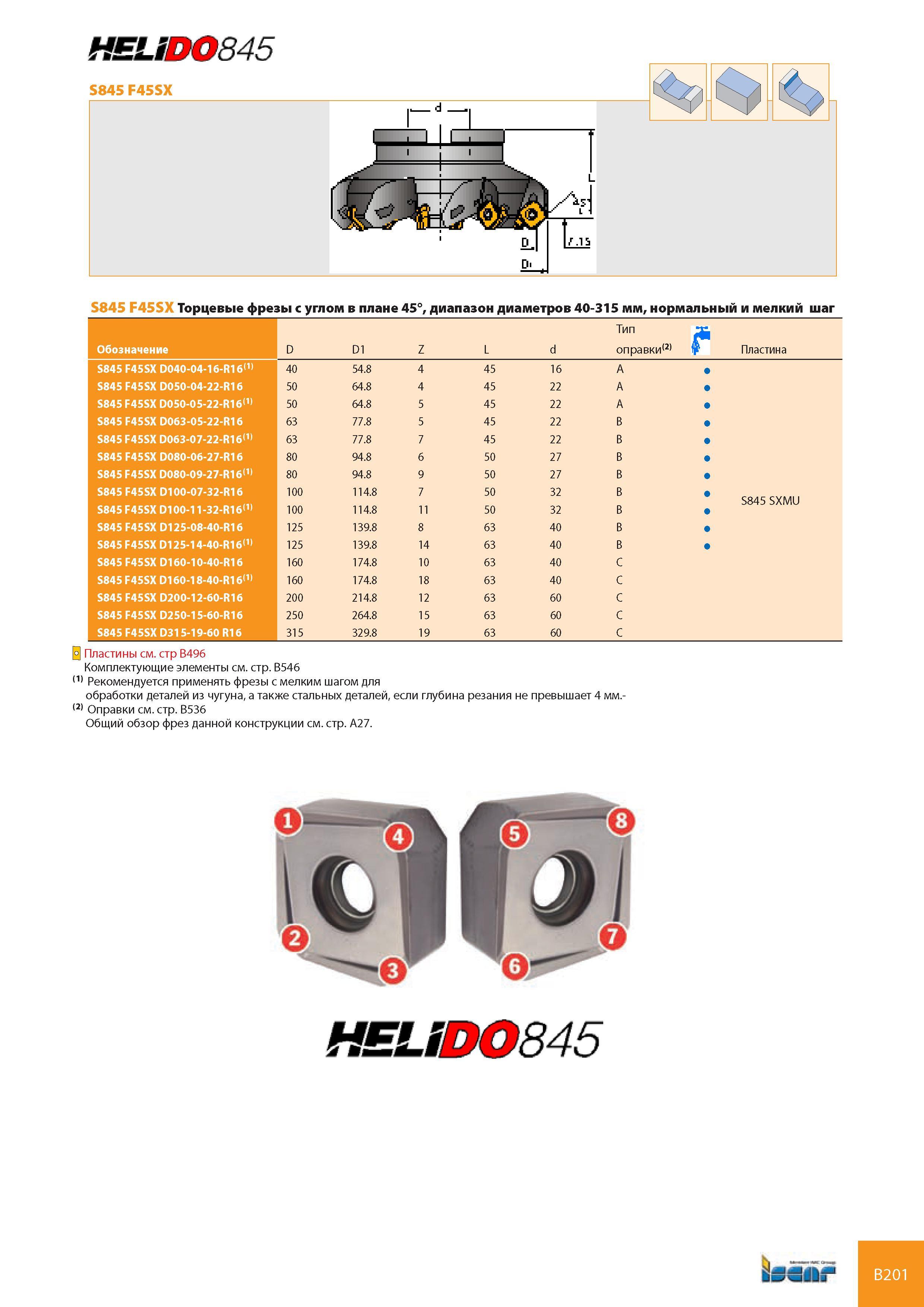 242 Di S845 F45SX Торцевые фрезы с углом в плане 45°, диапазон диаметров 40-315 мм, нормальный и мелкий шаг Обозначение D D1 Z L d Тип оправки121 Пластинa S845 Каталог ISCAR 2008 Металлорежущий вращающийся инструмент для фрезерования сверления растачивания и инструментальная станочная оснастка Стр. B201