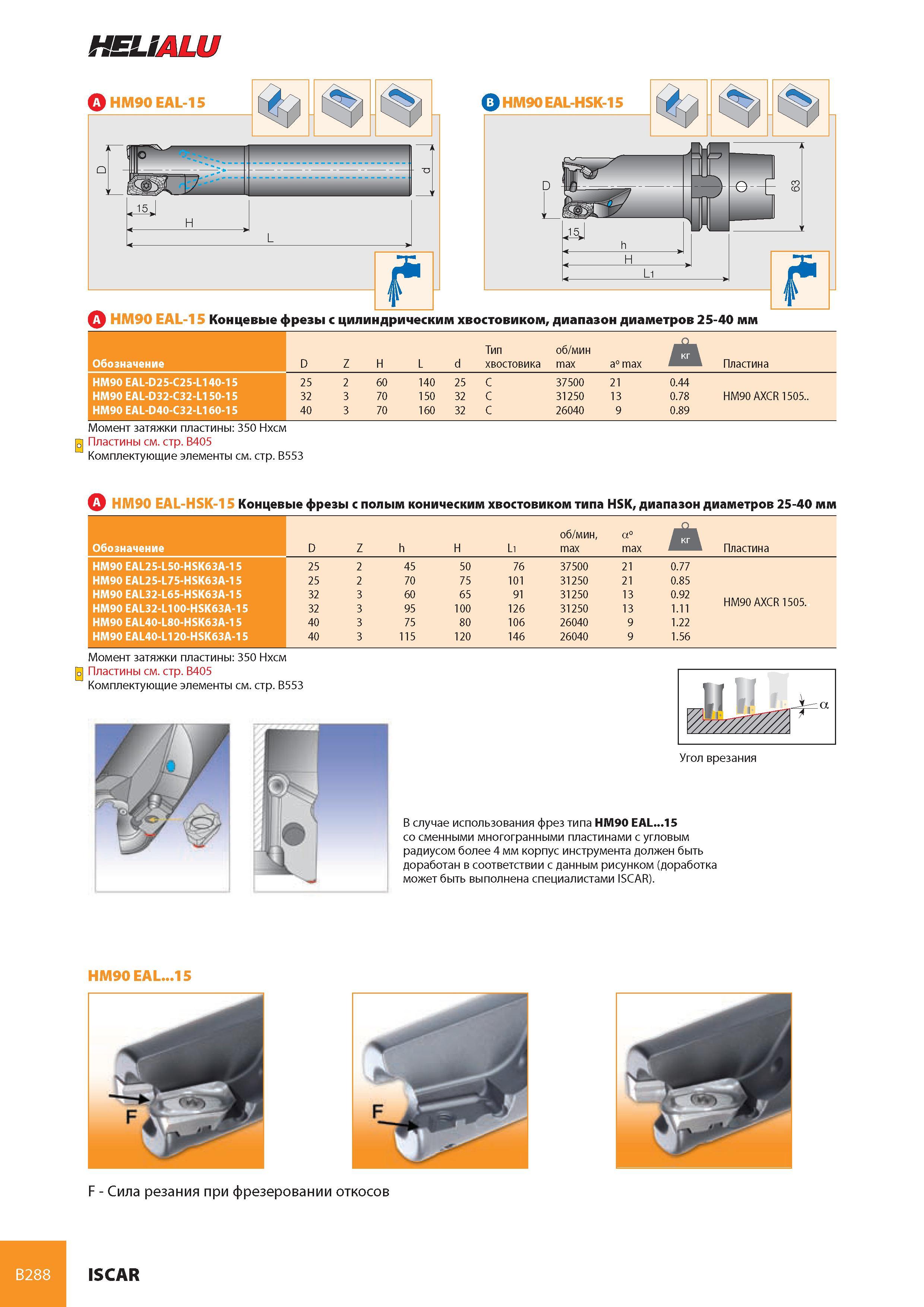 329 HELSALU A>HM90 EAL-15 f Q -4 15, H 1 - ID йИМ90 EAL-HSK-15 A HM90 EAL-15 Концевые фрезы с цилиндрическим хвостовиком, диапазон диаметров 25-40 мм Обозначен Каталог ISCAR 2008 Металлорежущий вращающийся инструмент для фрезерования сверления растачивания и инструментальная станочная оснастка Стр. B288