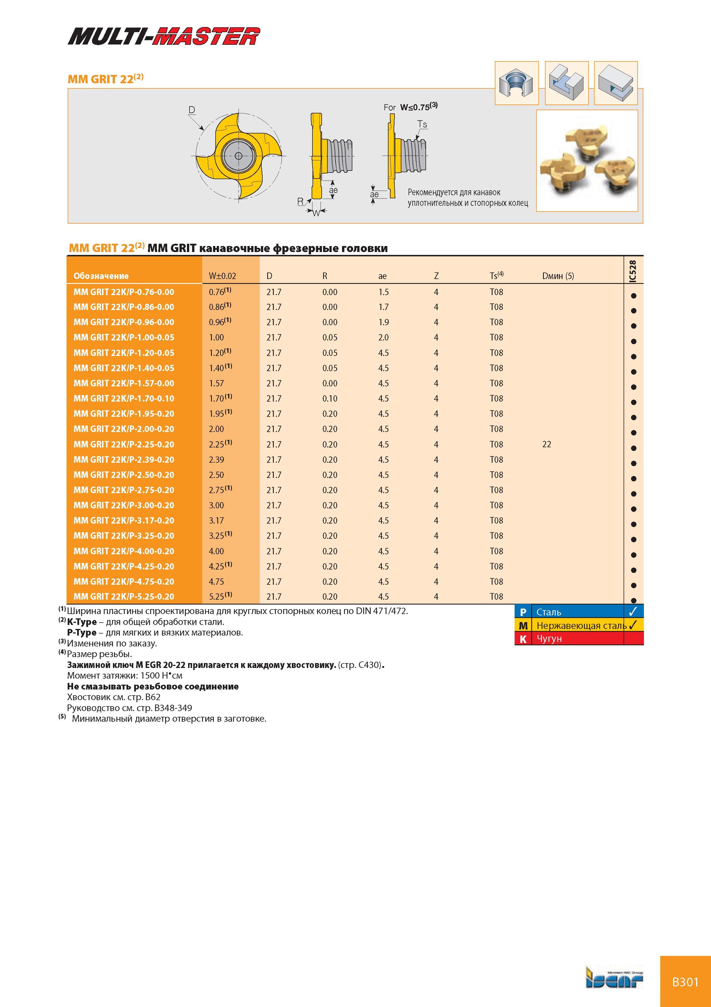 342 MULTI-MASTER ММ GRIT 22(2) For W<0 75<3> Рекомендуется для канавок уплотнительных и стопорных колец ММ GRIT 22(2) ММ GRIT канавочные фрезерные головки Обоз Каталог ISCAR 2008 Металлорежущий вращающийся инструмент для фрезерования сверления растачивания и инструментальная станочная оснастка Стр. B301