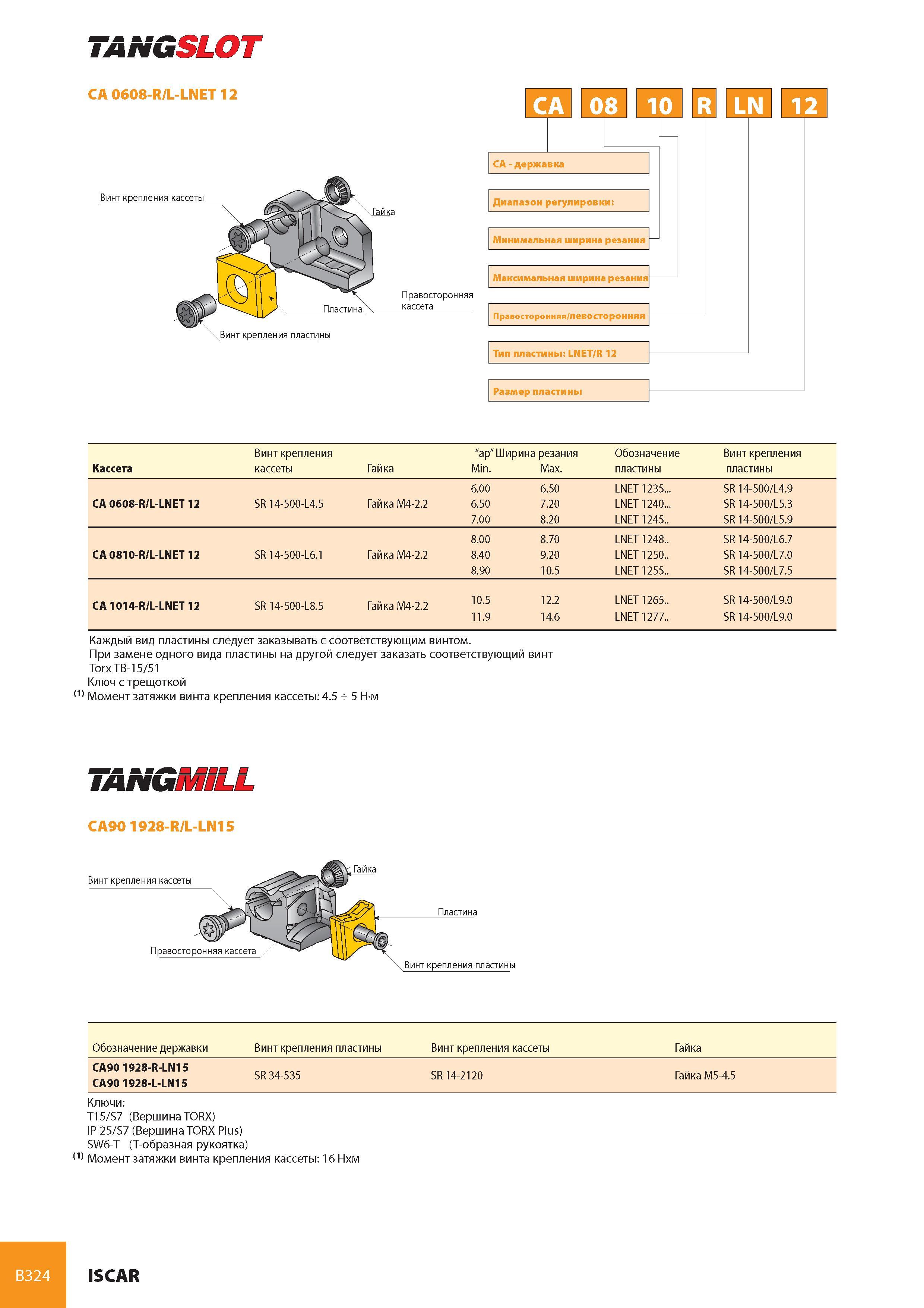 365 TANGSLOT CA 0608-R/L-LNET 12 CM0H 10 CA - державка Диапазон регулировки Минимальная ширина резания Максимальная ширина резания Правосторонняя/левосторонняя Каталог ISCAR 2008 Металлорежущий вращающийся инструмент для фрезерования сверления растачивания и инструментальная станочная оснастка Стр. B324