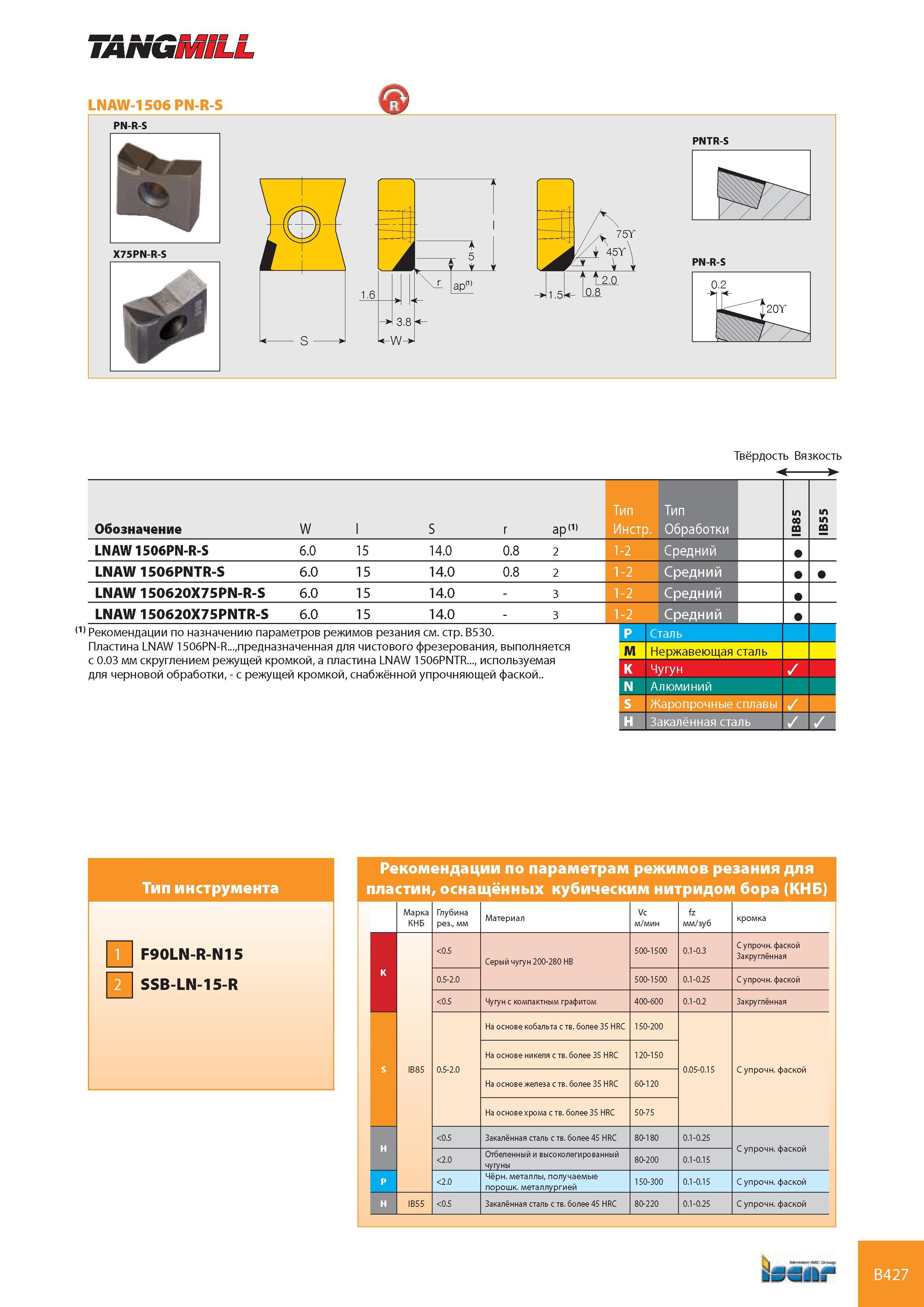468 TANGMiLL LNAW-1506 PN-R-S PN-R-S X75PN-R-S м 1 6 1 3 8 s L -W PNTR-S PN-R-S Твёрдость Вязкость > Обозначение W l S r ap(1) Тип Инстр Тип Обработки LNAW 150 Каталог ISCAR 2008 Металлорежущий вращающийся инструмент для фрезерования сверления растачивания и инструментальная станочная оснастка Стр. B427