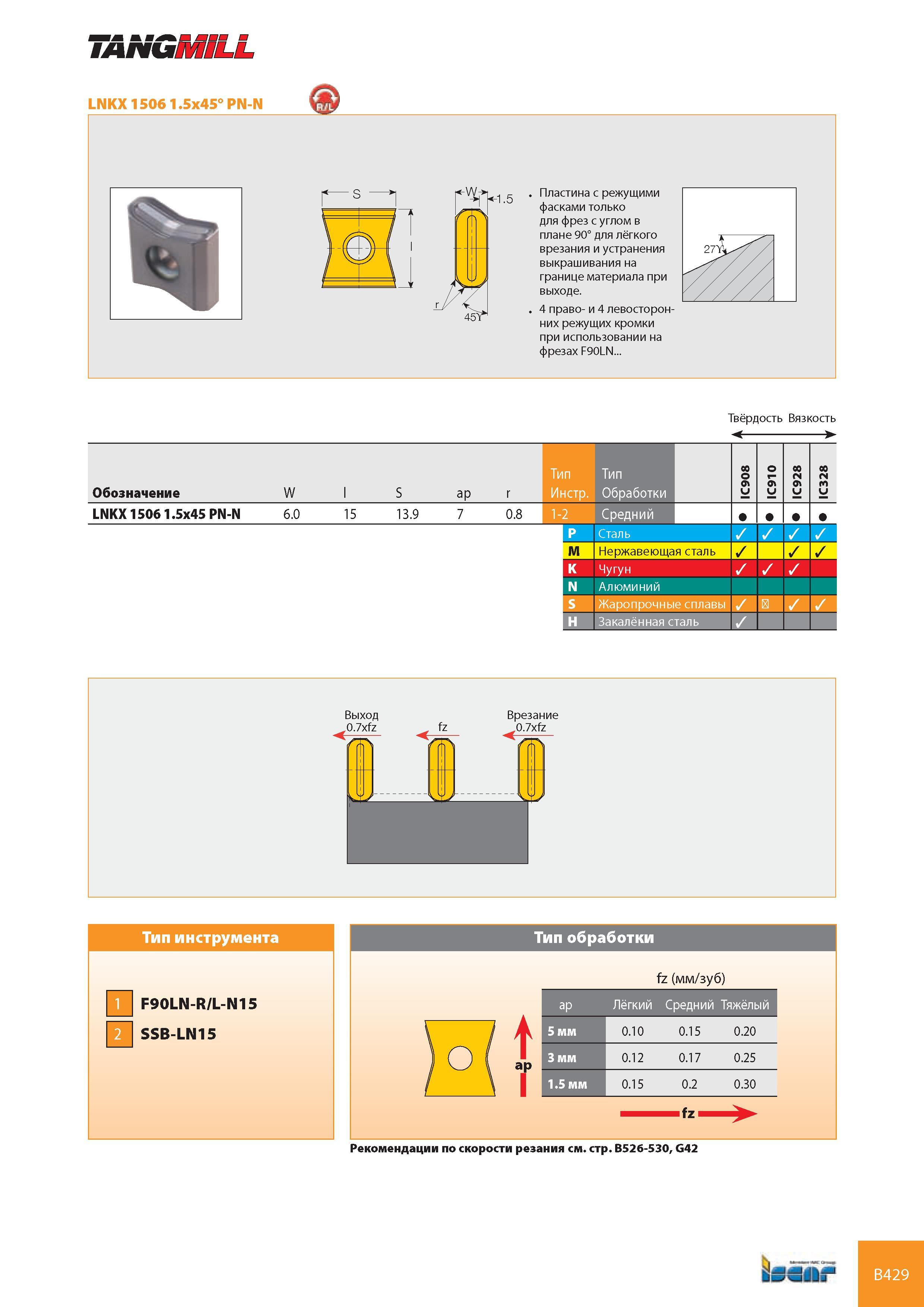 470 IMnUMILL LNKX 1506 1 5x45° PN n (8) <-1 5 Пластина с режущими фасками только для фрез с углом в плане 90° для лёгкого врезания и устранения выкрашивания на Каталог ISCAR 2008 Металлорежущий вращающийся инструмент для фрезерования сверления растачивания и инструментальная станочная оснастка Стр. B429