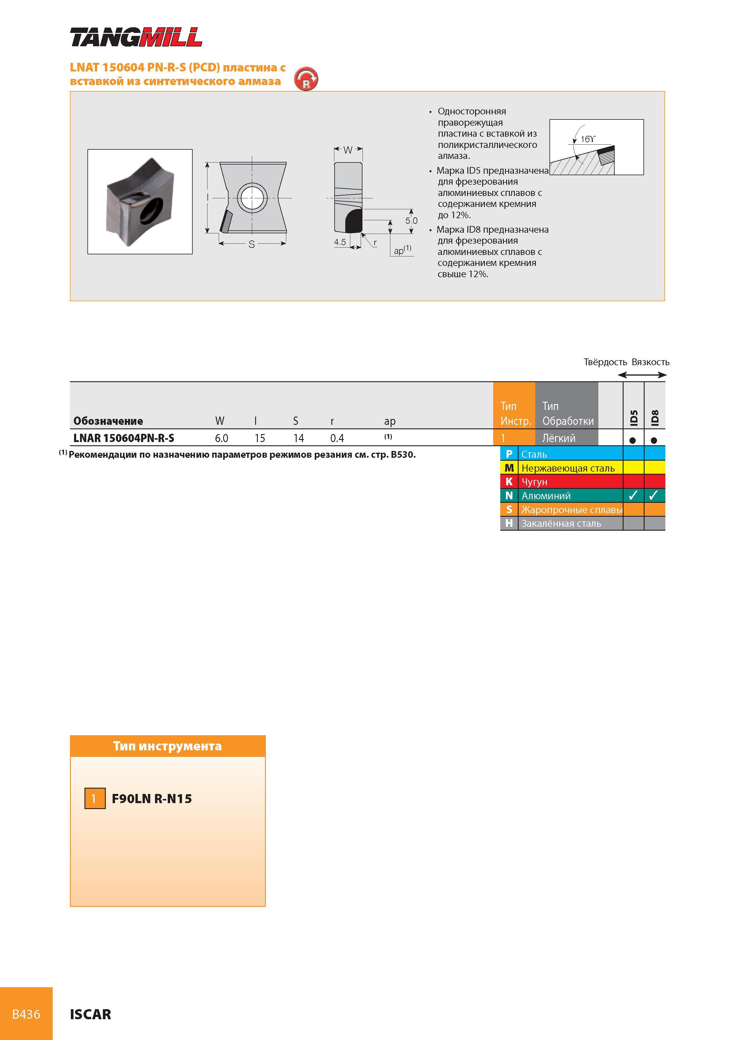 477 TANGMiLL B436 LNAT 150604 PN-R-S (PCD) пластина с вставкой из синтетического алмаза Односторонняя праворежущая пластина с вставкой из поликристаллического Каталог ISCAR 2008 Металлорежущий вращающийся инструмент для фрезерования сверления растачивания и инструментальная станочная оснастка Стр. B436