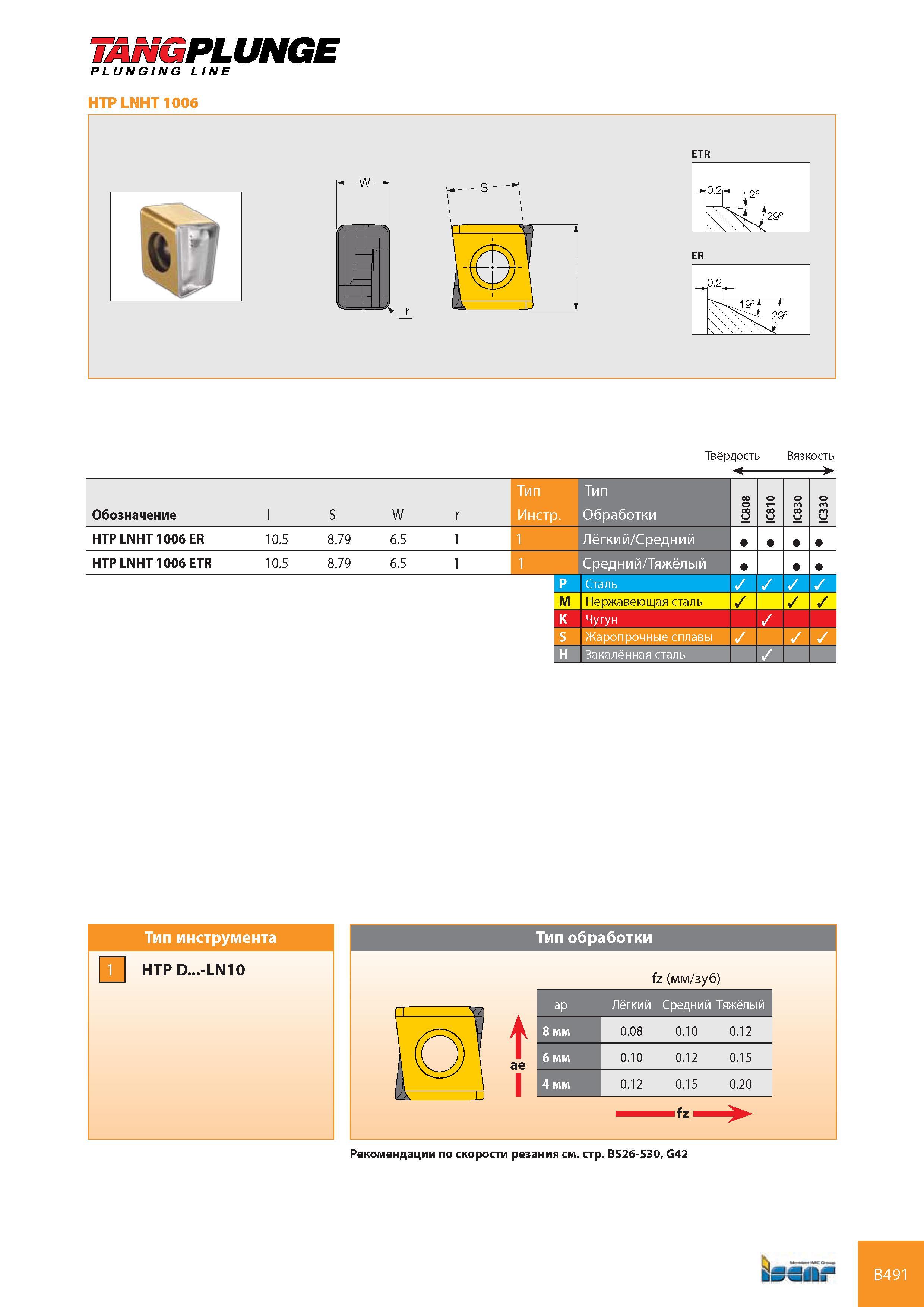 532 - г - plunge PLUNGING LINE HTPLNHT1006 W ETR 0 2 29° ER Твёрдость Вязкость Тип Тип IC808 IC810 IC830 Обозначение l S W r Инстр Обработки ел IC HTPLNHT 1006 Каталог ISCAR 2008 Металлорежущий вращающийся инструмент для фрезерования сверления растачивания и инструментальная станочная оснастка Стр. B491