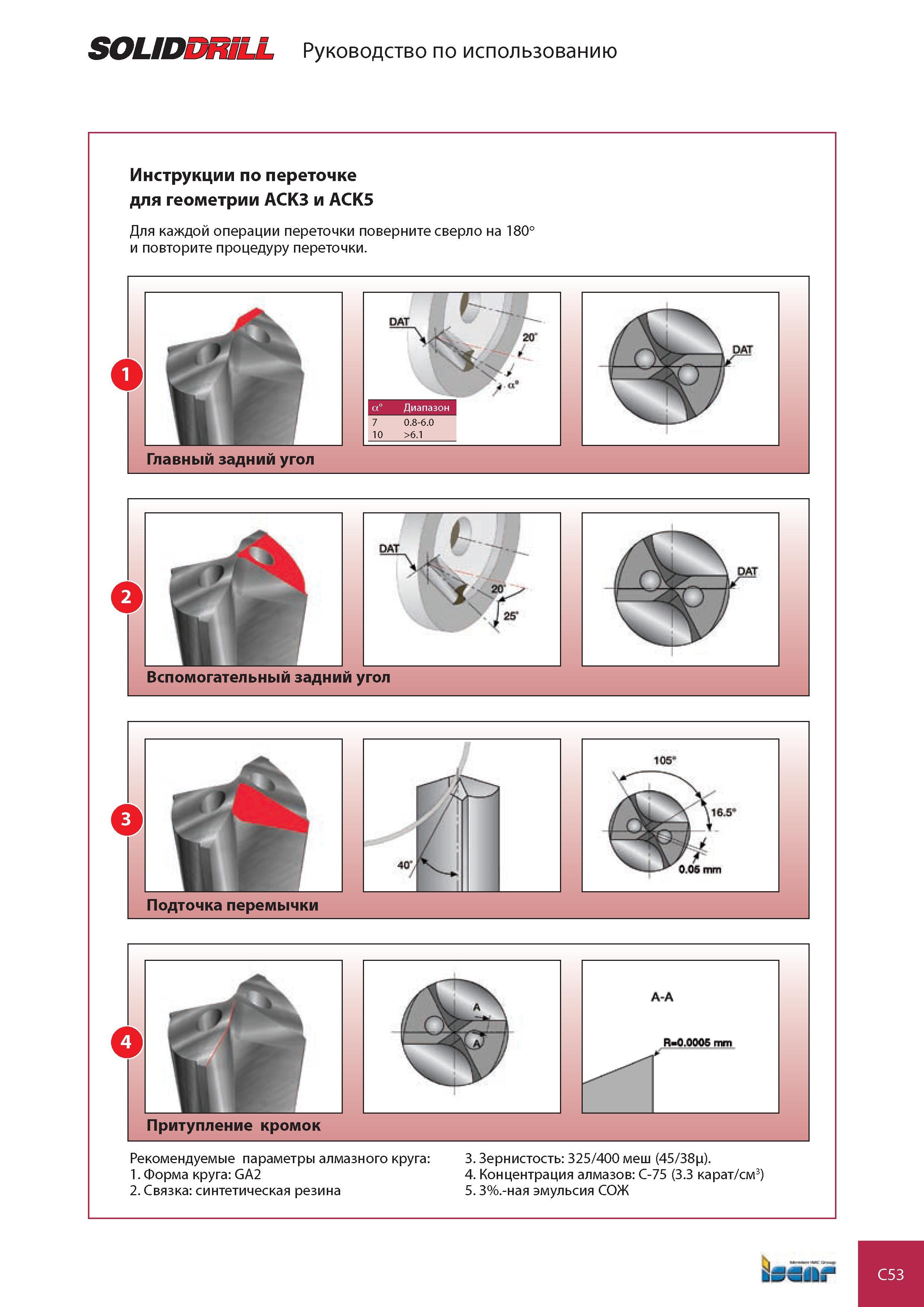 652 SOLIDDRILL Руководство по использованию а° Диапазон Подточка перемычки 7 0 8-6 0 10 >6 1 Инструкции по переточке для геометрии ACK3 и ACK5 Для каждой опера Каталог ISCAR 2008 Металлорежущий вращающийся инструмент для фрезерования сверления растачивания и инструментальная станочная оснастка Стр. C53