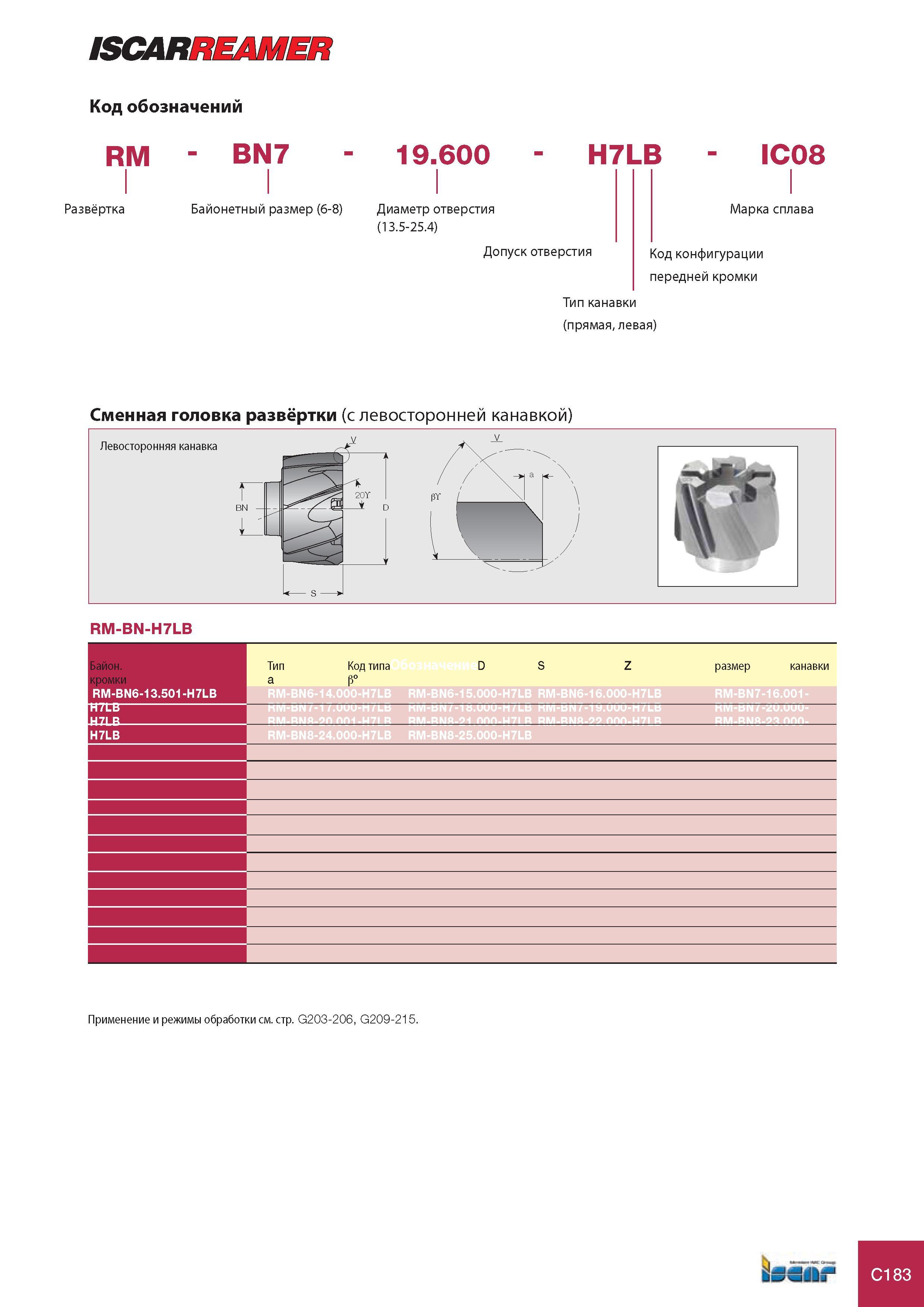 782 ISCARREAMER Код обозначений RM BN7 19 600 H7LB IC08 Развёртка Байонетный размер (6-8) Диаметр отверстия (13 5-25 4) Допуск отверстия Марка сплава Код конфи Каталог ISCAR 2008 Металлорежущий вращающийся инструмент для фрезерования сверления растачивания и инструментальная станочная оснастка Стр. C183