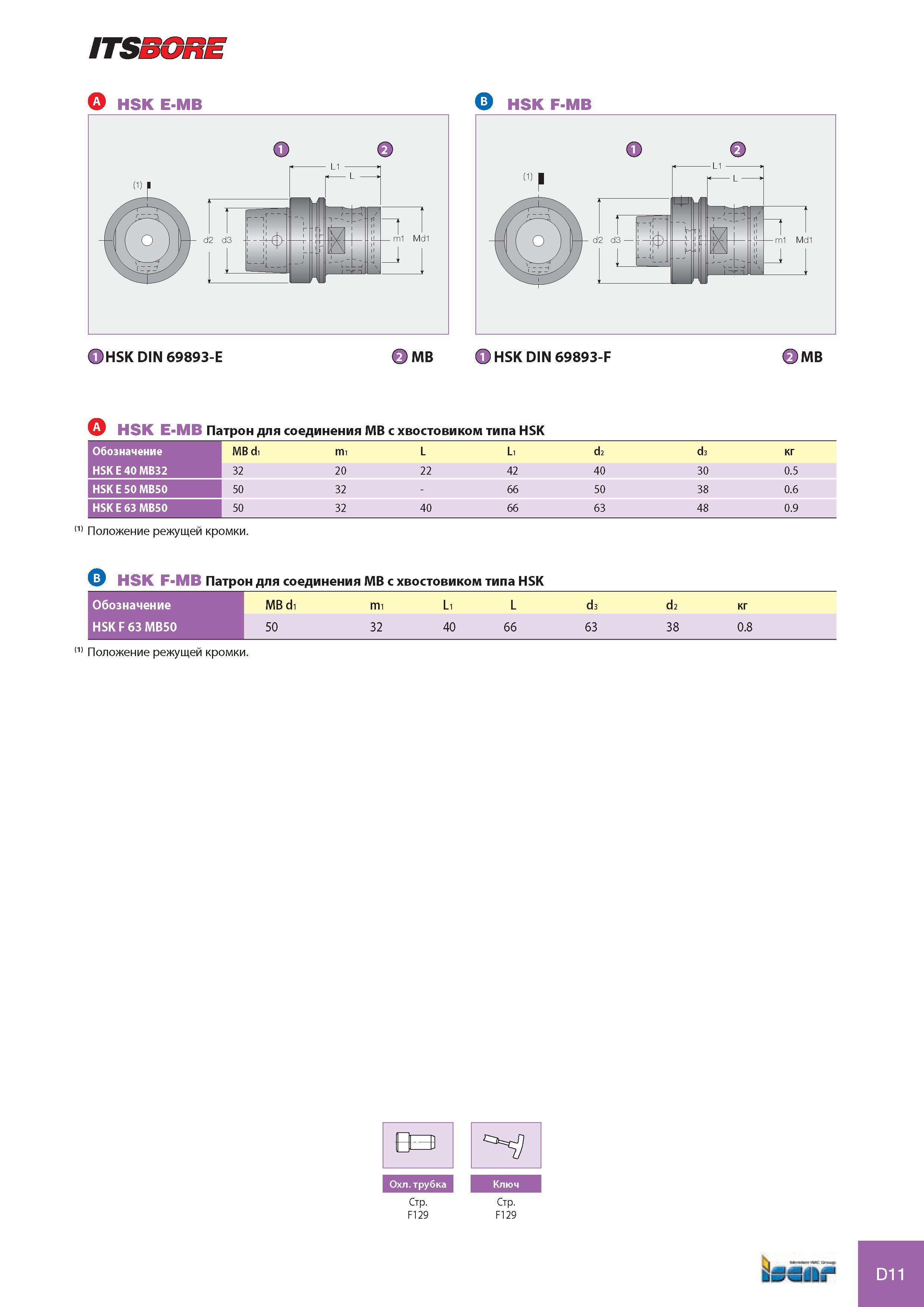 826 ITSSGRE HSK E-MB ri>HSK DIN 69893-E 5) mb HSK E-MB Патрон для соединения МВ с хвостовиком типа HSK Обозначение MB di mi L Li d2 HSK E 40 MB32 32 20 22 42 4 Каталог ISCAR 2008 Металлорежущий вращающийся инструмент для фрезерования сверления растачивания и инструментальная станочная оснастка Стр. D11