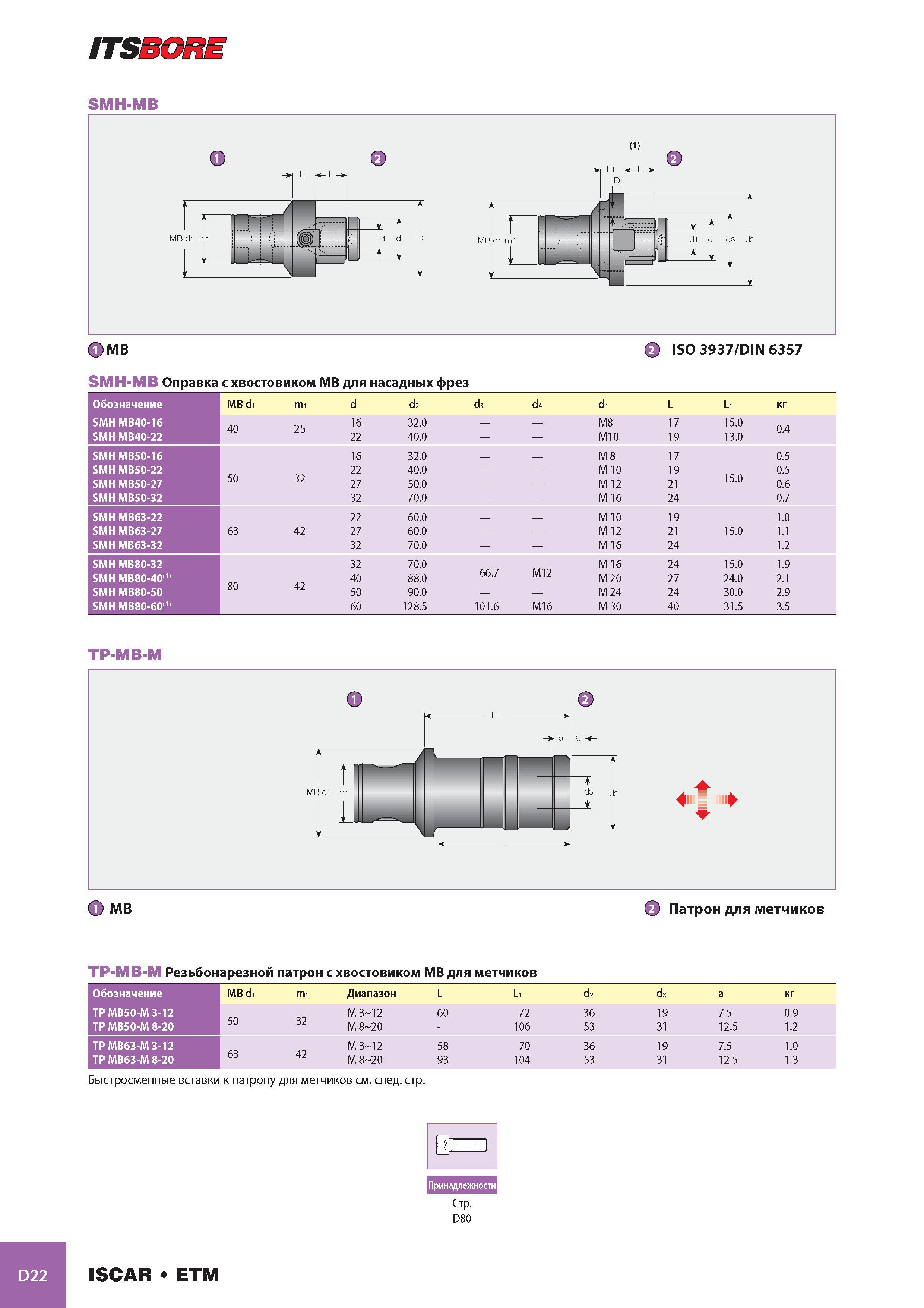 837 ITSSORE SMH-MB (1) ft MB 2 ISO 3937/DIN 6357 SMH-MB Оправка с хвостовиком МВ для насадных фрез Обозначение MB d1 m1 d d2 d3 d4 d1 L L1 кг SMH MB40-16 40 25 Каталог ISCAR 2008 Металлорежущий вращающийся инструмент для фрезерования сверления растачивания и инструментальная станочная оснастка Стр. D22