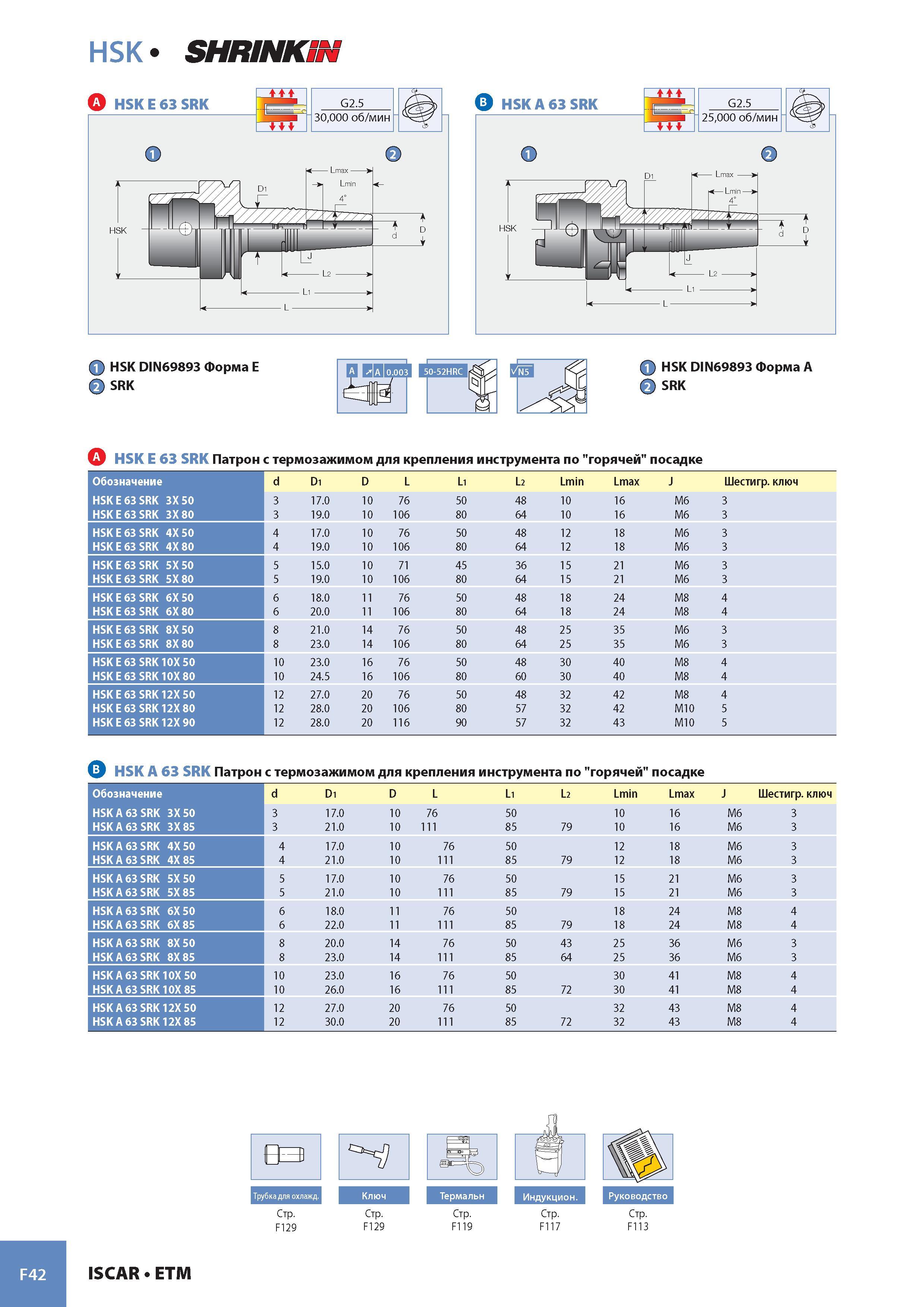 923 HSK SHRINK ft HSK DIN69893 Форма E SRK II A A IС ft HSK DIN69893 Форма A SRK HSK E 63 SRK Патрон с термозажимом для крепления инструмента по горячей посадк Каталог ISCAR 2008 Металлорежущий вращающийся инструмент для фрезерования сверления растачивания и инструментальная станочная оснастка Стр. F42