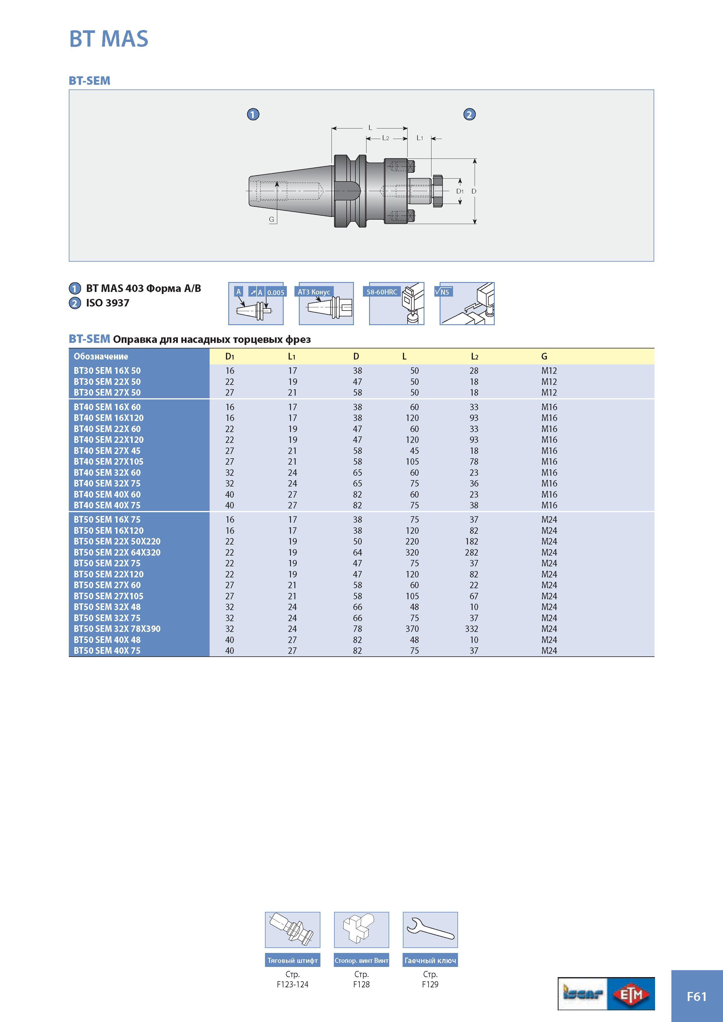 942 BT MAS BT-SEM BT MAS 403 Форма A/B K> ISO 3937 BT-SEM Оправка для насадных торцевых фрез Обозначение Di Li D L L2 G BT30 SEM 16X 50 16 17 38 50 28 M12 BT30 Каталог ISCAR 2008 Металлорежущий вращающийся инструмент для фрезерования сверления растачивания и инструментальная станочная оснастка Стр. F61
