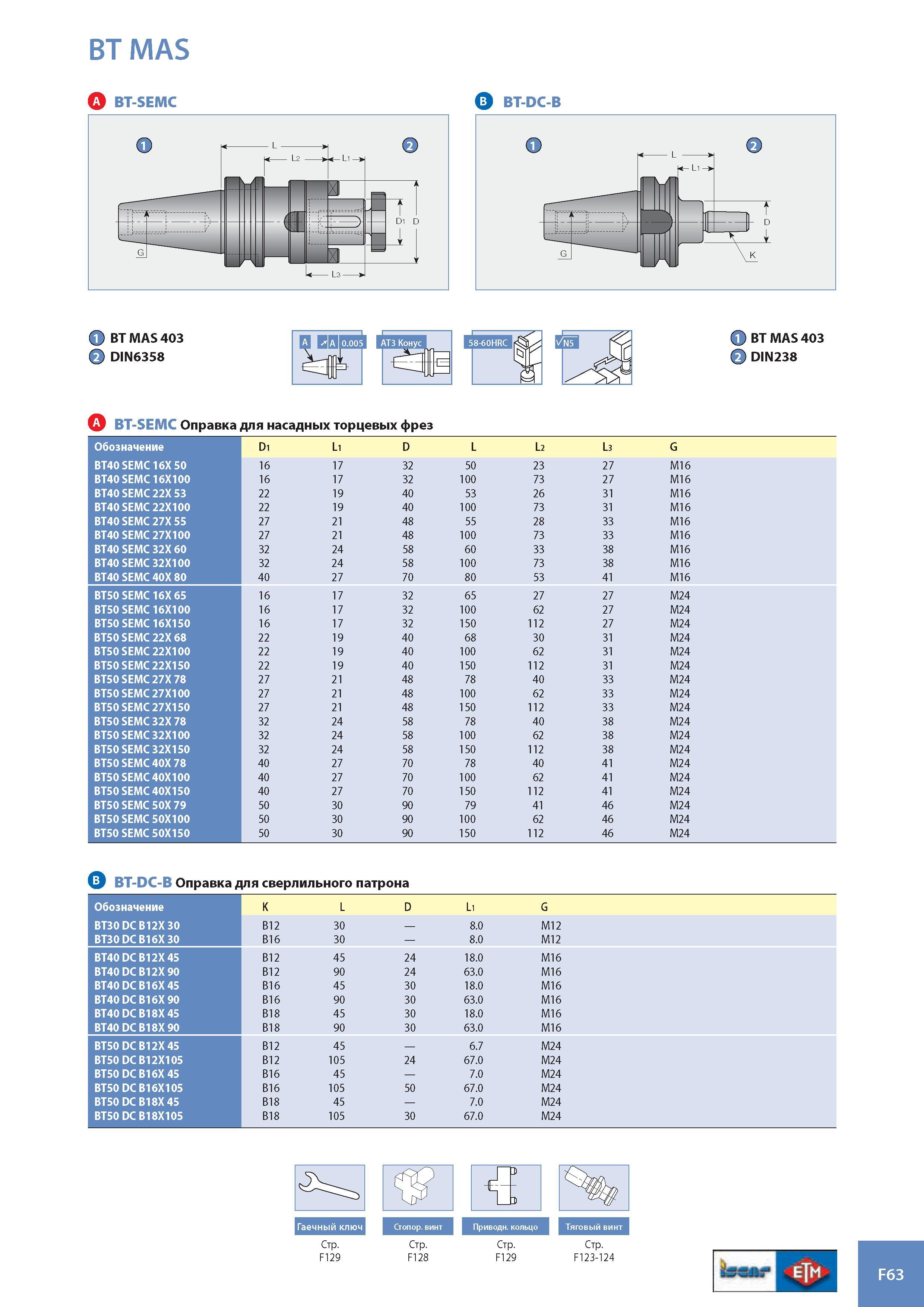 944 BT MAS BT MAS 403 a DIN6358 BT MAS 403 5) DIN238 A BT-SEMC Оправка для насадных торцевых фрез Обозначение Di Li D L L2 L3 G BT40 SEMC 16X 50 16 17 32 50 23 Каталог ISCAR 2008 Металлорежущий вращающийся инструмент для фрезерования сверления растачивания и инструментальная станочная оснастка Стр. F63