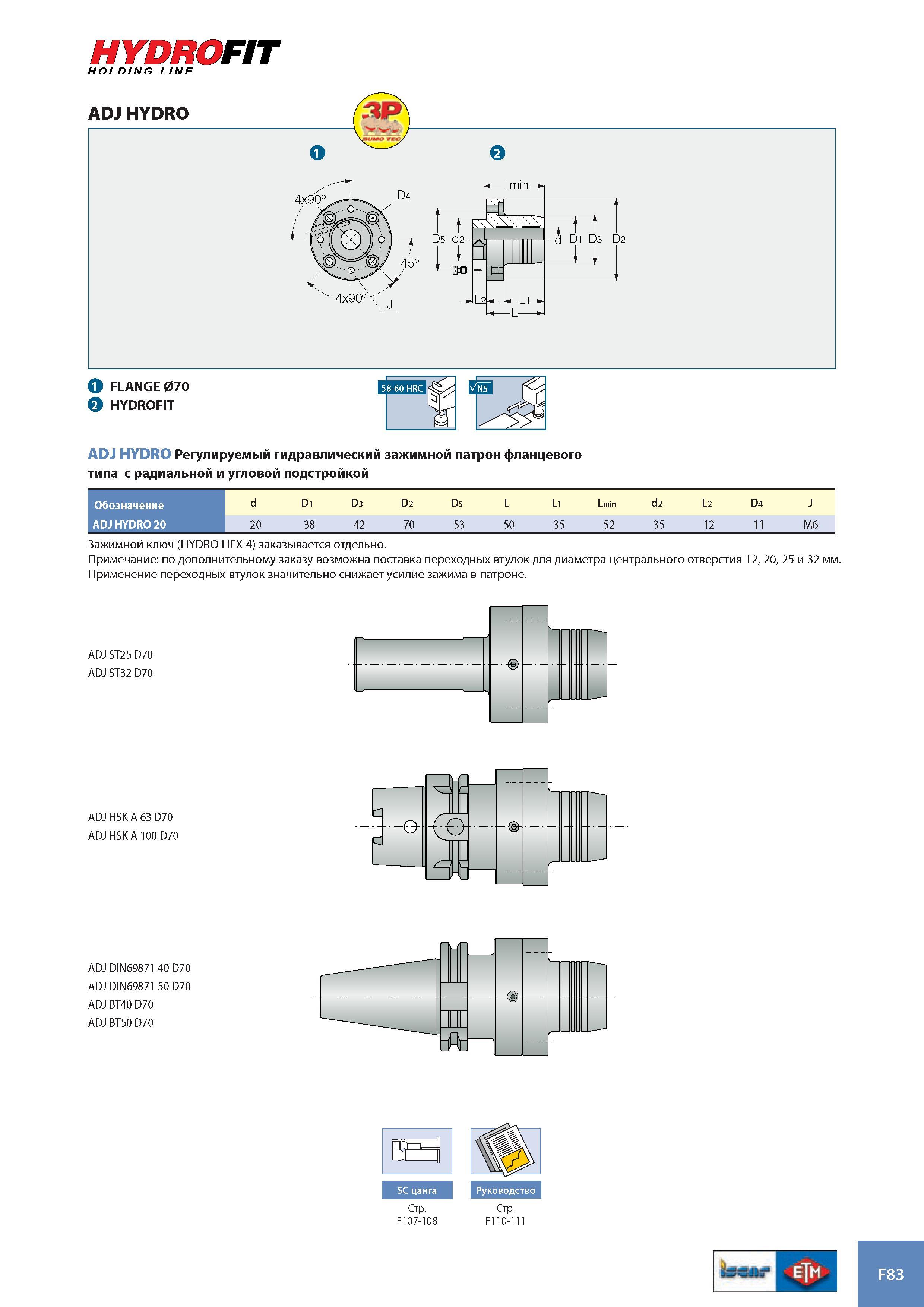 964 HYDROFIT HOLDING LINE ADJ HYDRO ADJ HYDRO Регулируемый гидравлический зажимной патрон фланцевого типа с радиальной и угловой подстройкой Обозначение d D1 D Каталог ISCAR 2008 Металлорежущий вращающийся инструмент для фрезерования сверления растачивания и инструментальная станочная оснастка Стр. F83