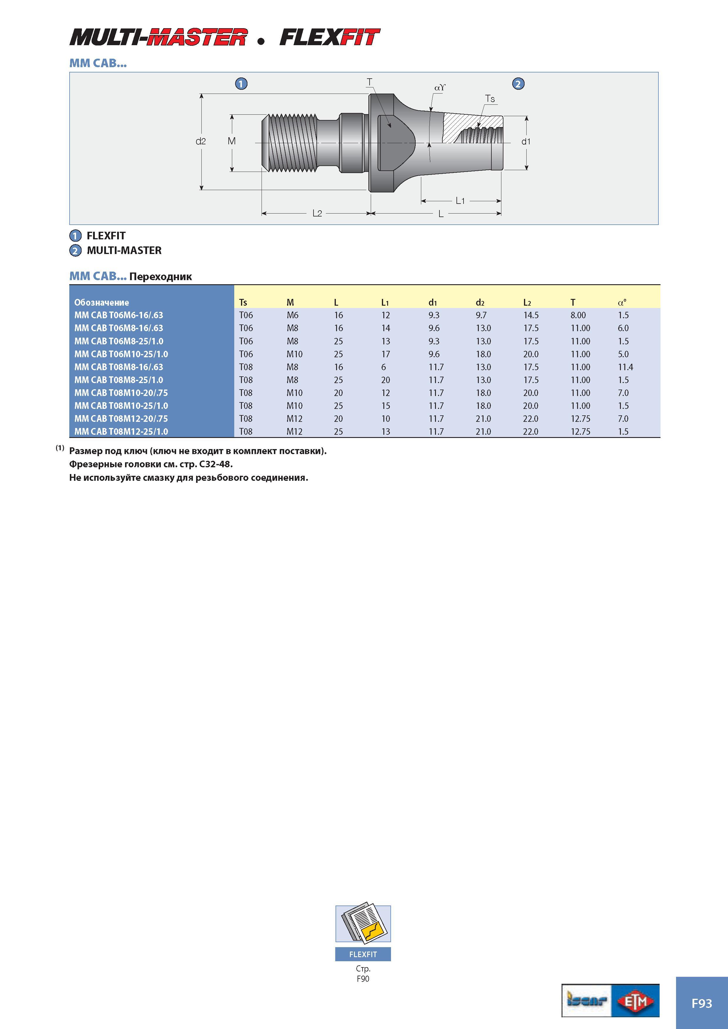 974 MM CAB aY Ts d2 M di к -Li ->- L - ft FLEXFIT MULTI-MASTER MM CAB Переходник Обозначение Ts M L Li di d2 L2 T a° MM CAB T06M6-16/ 63 T06 M6 16 12 9 3 9 7 1 Каталог ISCAR 2008 Металлорежущий вращающийся инструмент для фрезерования сверления растачивания и инструментальная станочная оснастка Стр. F93