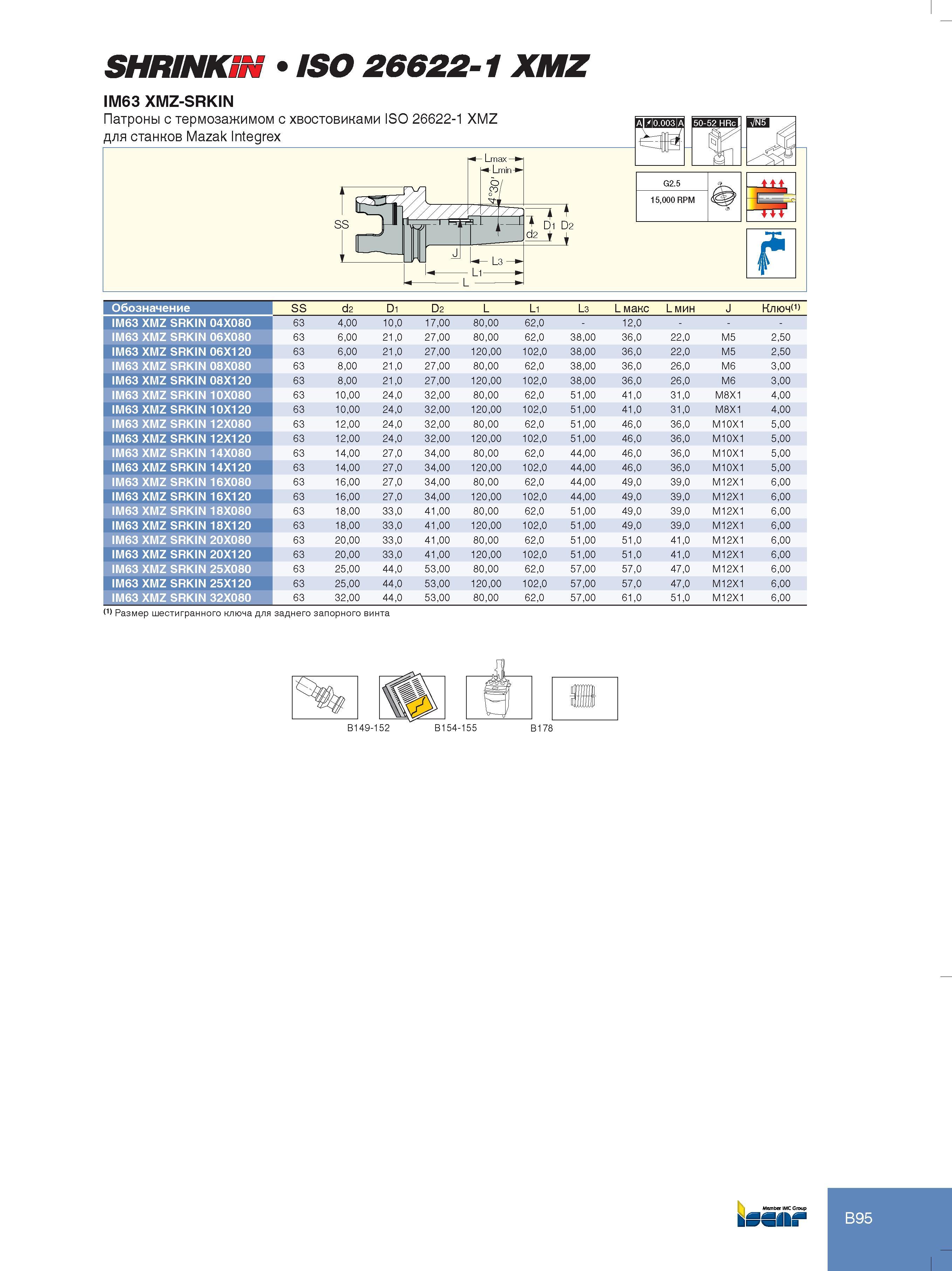 117 Стандартная оснастка Iscar IM63 XMZ SRKIN с хвостовиком по ISO 26622-1 Патроны с термозажимом для металлообрабатывающих станков Mazak Integrex Эскиз вспо Каталог ISCAR 2012 Инструментальная оснастка для крепления металлорежущего инструмента и расточной модульный режущий инструмент для обработки отверстий Стр. B95