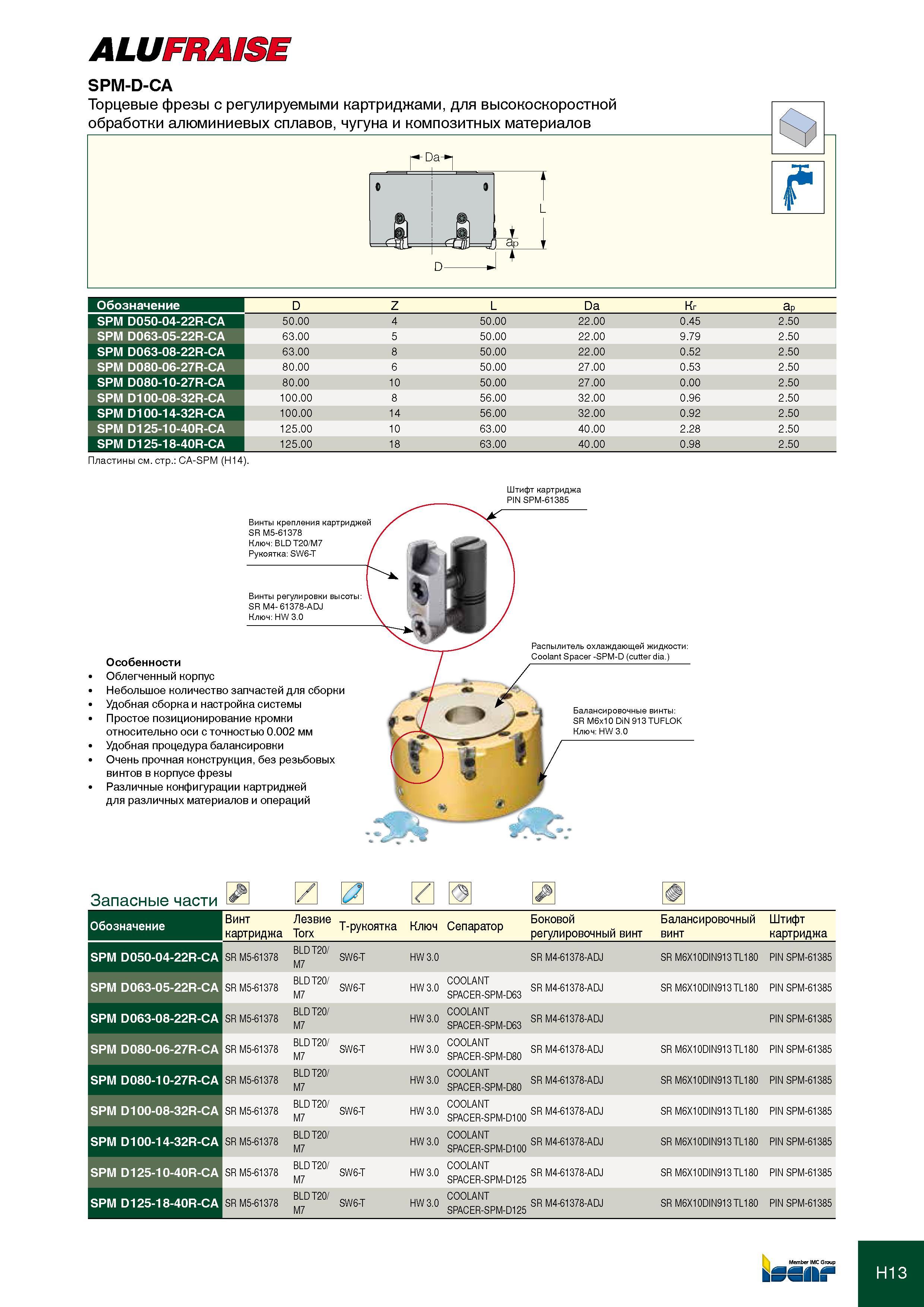 330 ALUFRAISE SPM-D-CA Обозначение D Z L Da Кг ap SPM D050-04-22R-CA 50 00 4 50 00 22 00 0 45 2 50 SPM D063-05-22R-CA 63 00 5 50 00 22 00 9 79 2 50 SPM D063-08-22R-CA Каталог ISCAR 2012 Металлорежущий фрезерный инструмент со сменными режущими пластинами для металлообрабатывающих станков и комплексов с ЧПУ Стр. H13