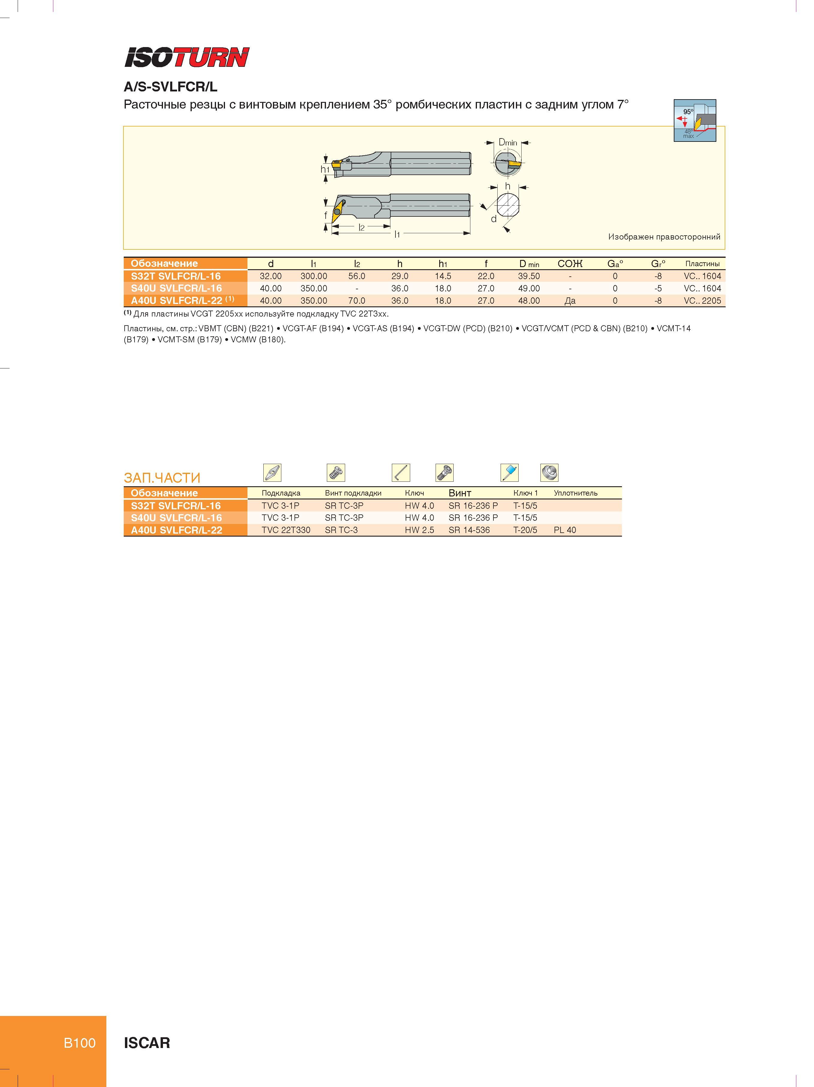 108 Расточные токарные резцы Iscar ISOTURN A/S-SVLFCR/L Обозначение d l1 l2 h h1 f D min СОЖ Ga° Gr° Пластины S32T SVLFCR/L-16 32 00 300 00 56 0 29 0 14 5 22 0 Каталог ISCAR 2012 Металлорежущий токарный и резьбонарезной сборный инструмент для металлообрабатывающих центров с ЧПУ и универсальных станков Стр. B100