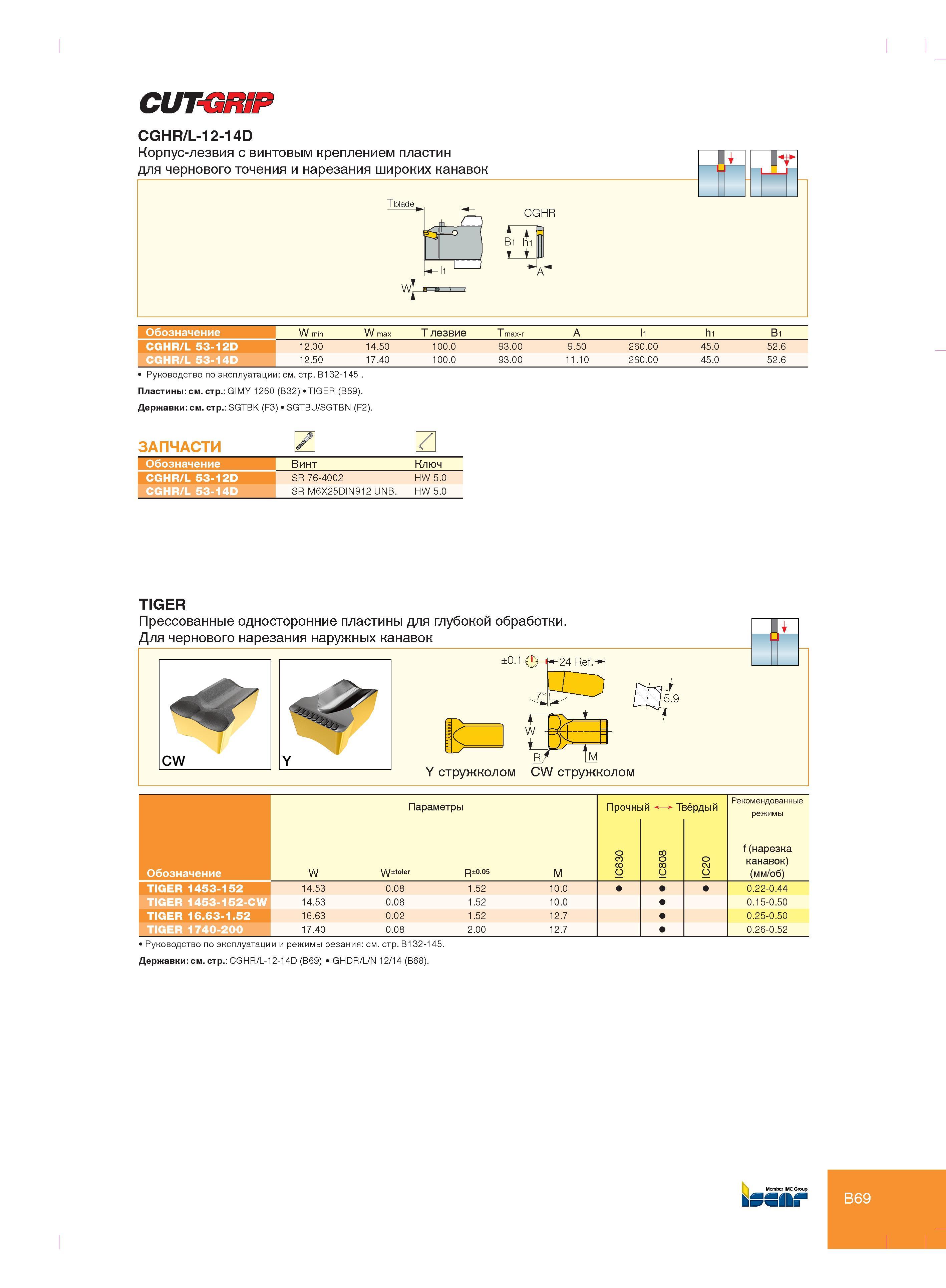 79 CUTCR1F CGHR/L-12-14D Корпус-лезвия с винтовым креплением пластин для чернового точения и нарезания широких канавок T blade 33H -b CGHR Bi hi T T A Обоз Каталог ISCAR 2012 Металлорежущий токарный инструмент для механической обработки канавок и отрезки на металлообрабатывающих станках и комплексах с ЧПУ Стр. B69