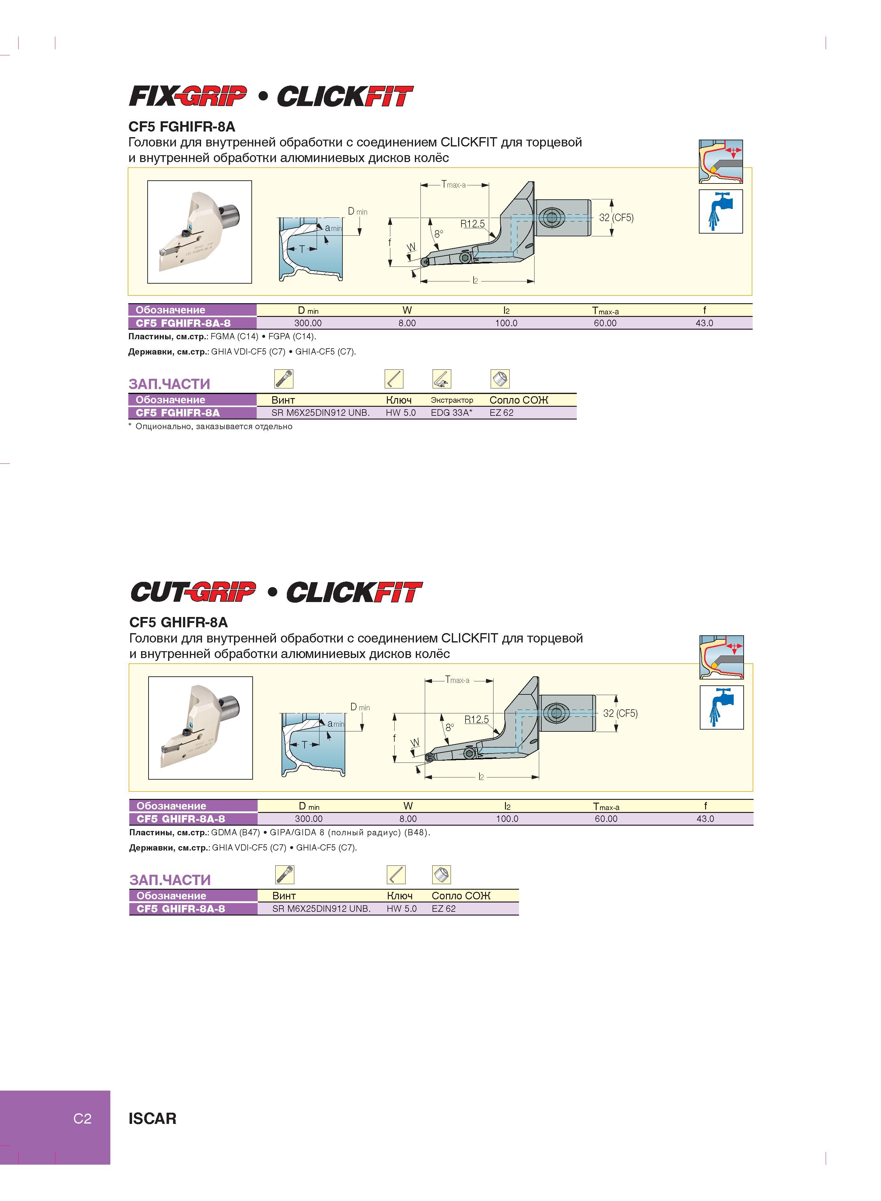 160 FDKstsSP CLICK zf CF5 FGHIFR-8A Обозначение D min W 12 T max-a f CF5 FGHIFR-8A-8 300 00 8 00 100 0 60 00 43 0 Пластины, см стр FGMA (C14) FGPA (C14) Дер Каталог ISCAR 2012 Металлорежущий токарный инструмент для механической обработки канавок и отрезки на металлообрабатывающих станках и комплексах с ЧПУ Стр. C2