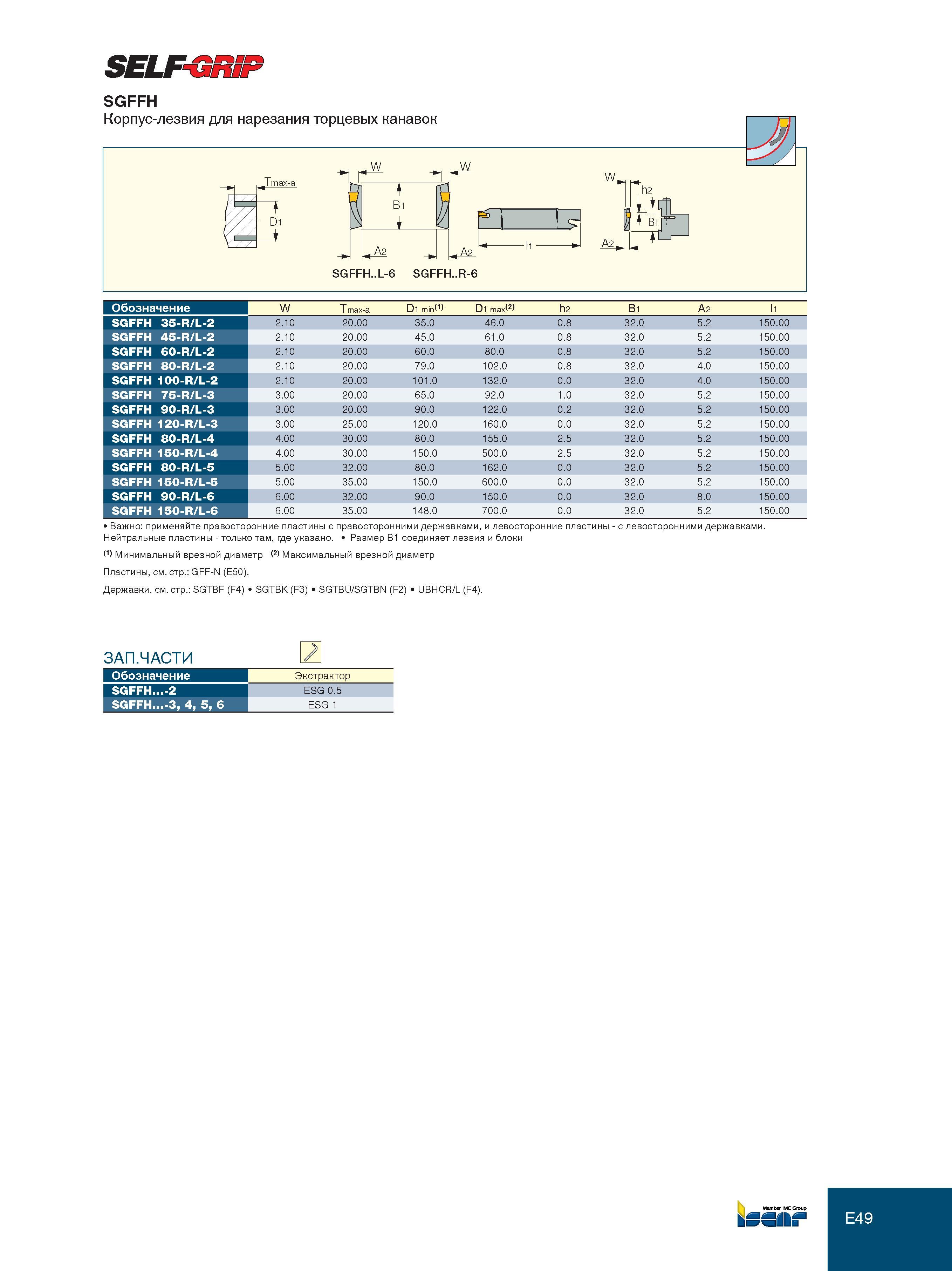 295 E49 SELF-GRiF SGFFH Обозначение W T max-a D1 min(1) D1 max(2) h2 Bi A2 li SGFFH 35-R/L-2 2 10 20 00 35 0 46 0 0 8 32 0 5 2 150 00 SGFFH 45-R/L-2 2 10 20 Каталог ISCAR 2012 Металлорежущий токарный инструмент для механической обработки канавок и отрезки на металлообрабатывающих станках и комплексах с ЧПУ Стр. E49