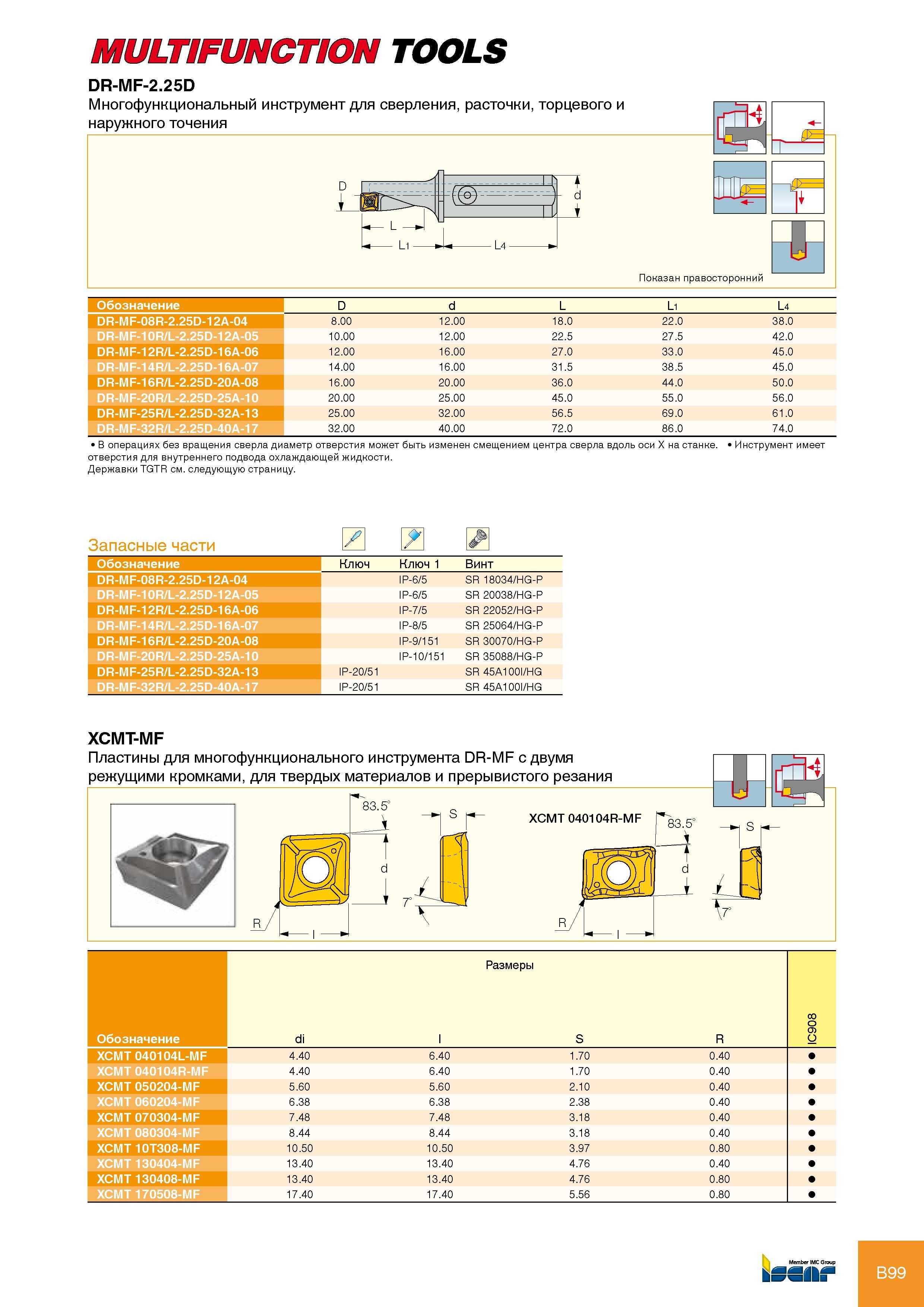 105 MULTIFUNCTION TOOLS DR-MF-2 25D Обозначение D d L Li L4 DR-MF-08R-2 25D-12A-04 8 00 12 00 18 0 22 0 38 0 DR-MF-10R/L-2 25D-12A-05 10 00 12 00 22 5 27 5 42 0 DR-MF-12 Каталог ISCAR 2012 Режущий осевой инструмент для обработки отверстий в металлах и сплавах Сверла спиральные Многолезвийные развертки Глубокое сверление Стр. B99